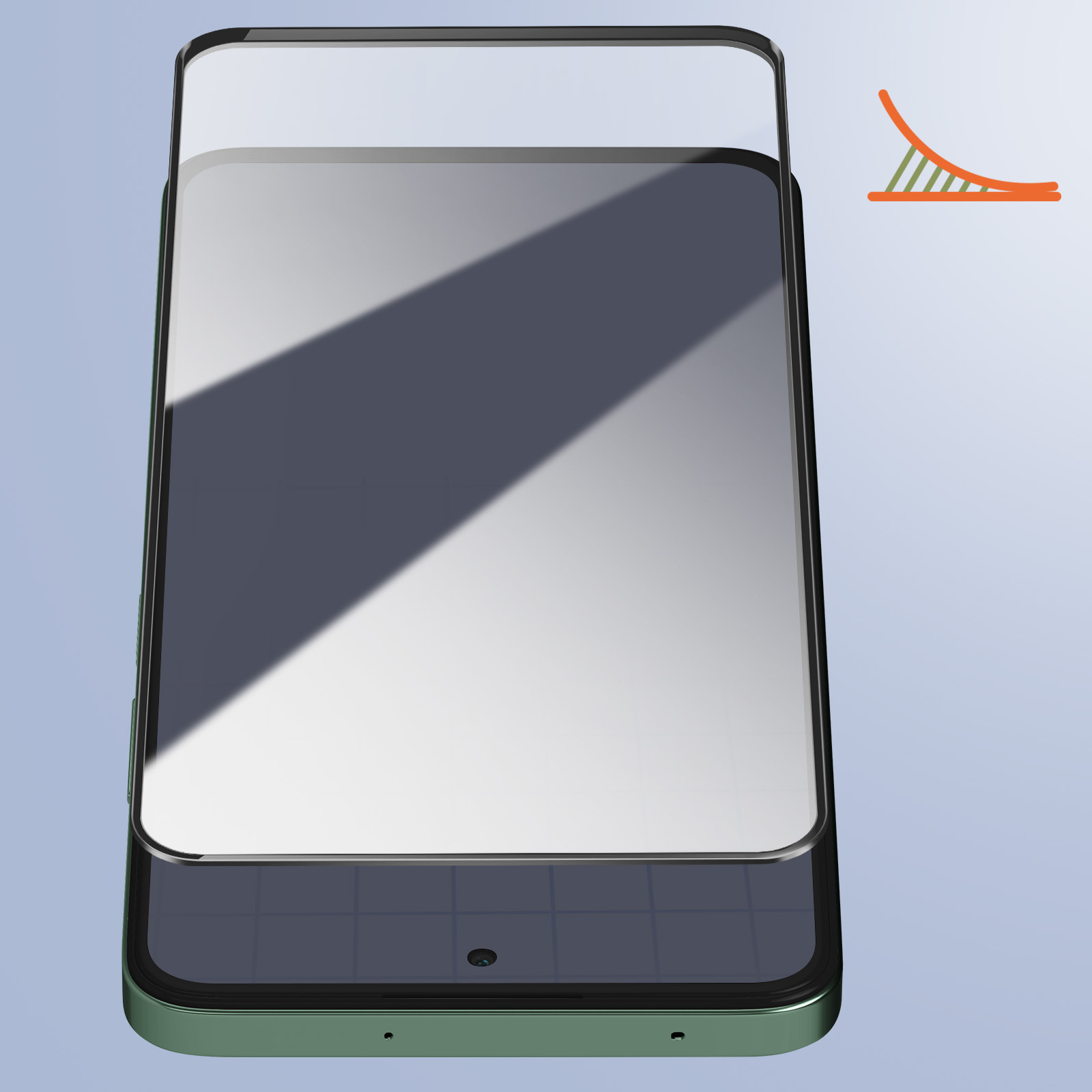 Uno smartphone verde con una protezione per lo schermo in vetro. Un'ombra copre parte dello schermo. Un grafico arancione e verde è nell'angolo.