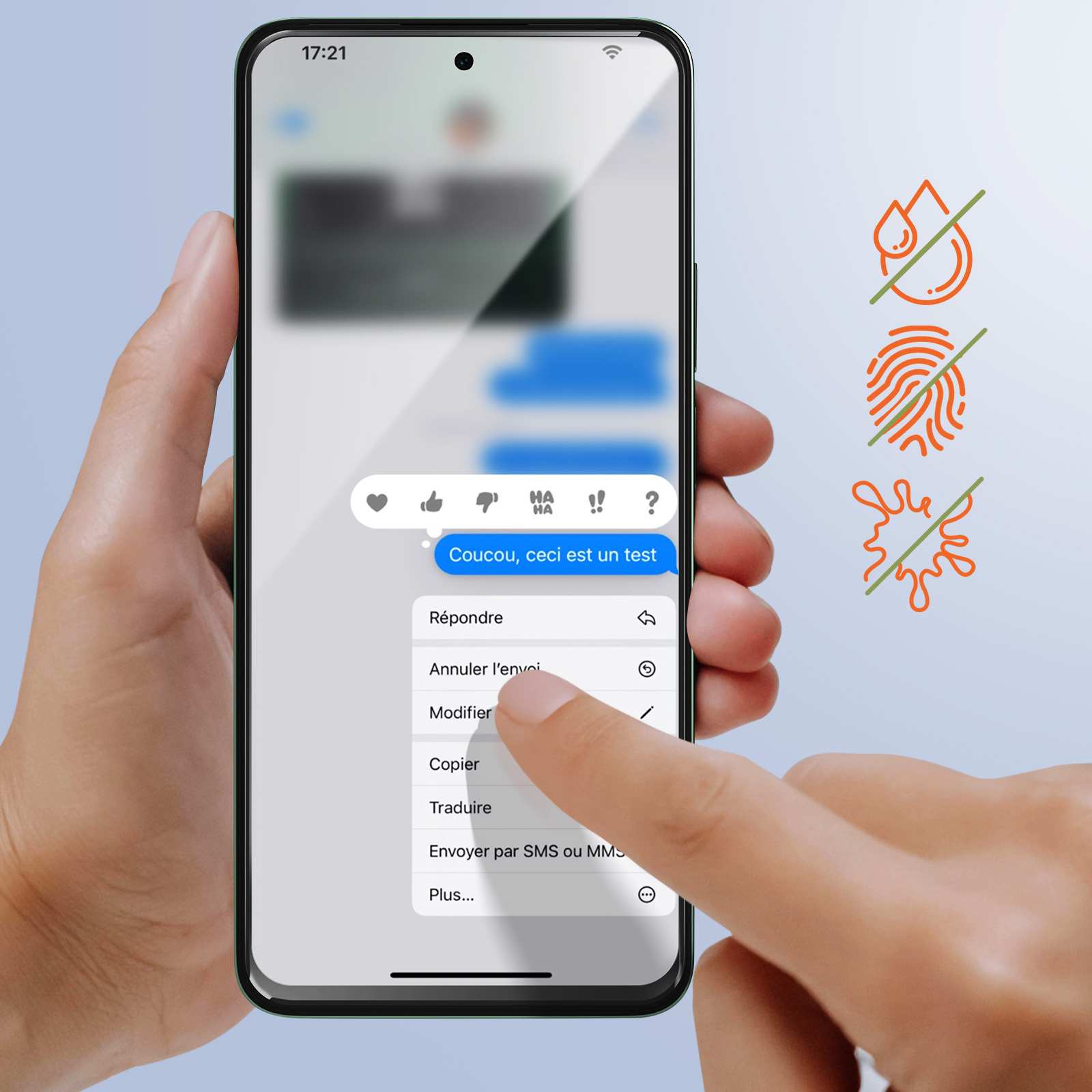 Una mano tiene un telefono che mostra un messaggio. Il dito tocca l'opzione 'Modifica'. Le icone mostrano goccia d'acqua, impronta digitale e macchia con una croce.