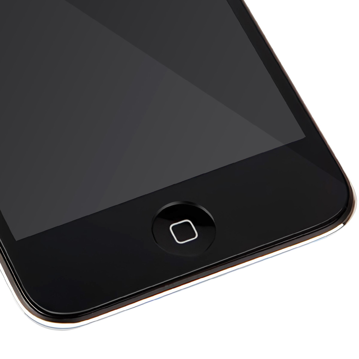 Primo piano di uno smartphone nero. Lo schermo è scuro, un pulsante Home è visibile in basso, e il bordo è bianco.