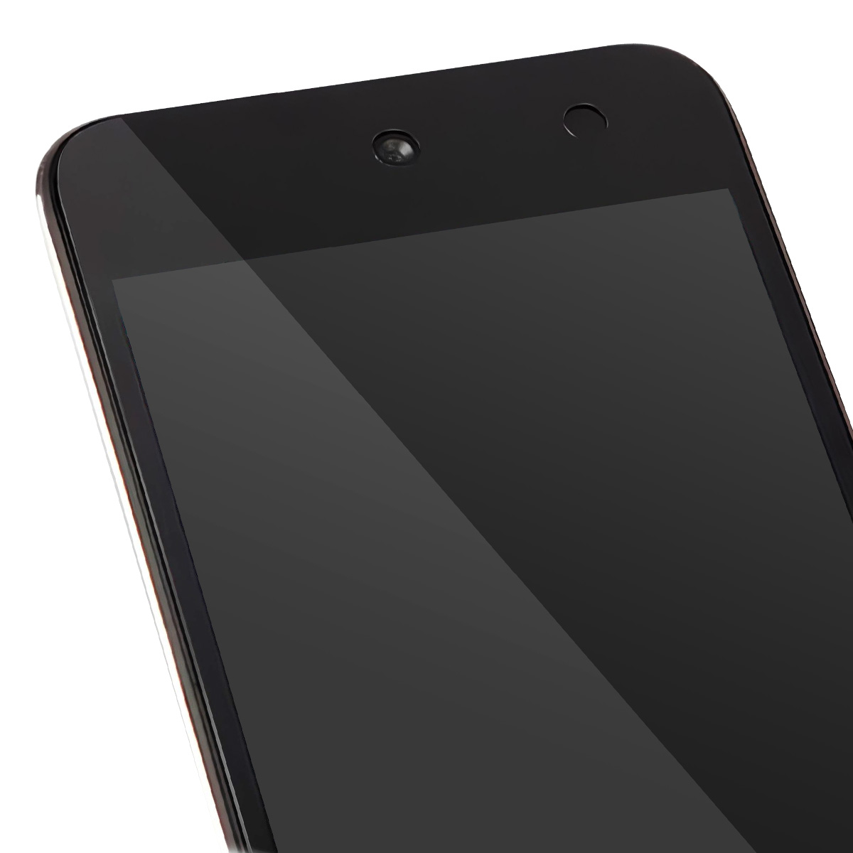 Primo piano di uno smartphone nero. Lo schermo è scuro con riflessi. Una fotocamera e un sensore sono visibili in alto. Sfondo bianco.