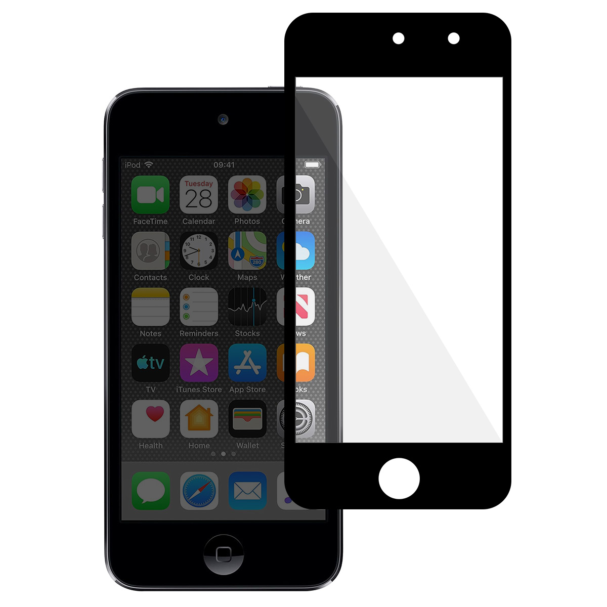 Un iPod touch con una protezione schermo nera che si sovrappone parzialmente allo schermo. Lo schermo mostra icone di app su sfondo bianco.