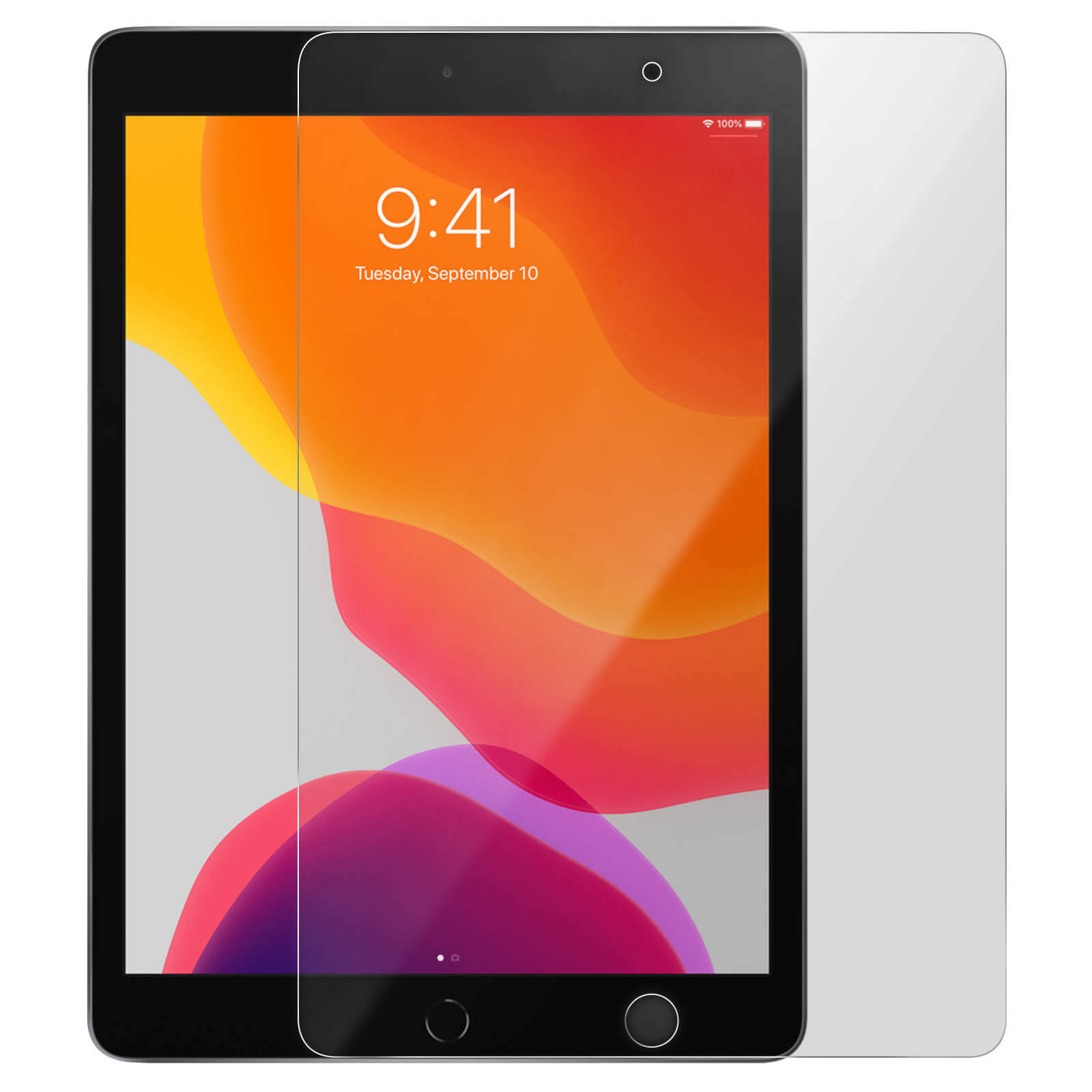 Un iPad con protezione schermo. Lo schermo mostra l'ora 9:41 e uno sfondo colorato.