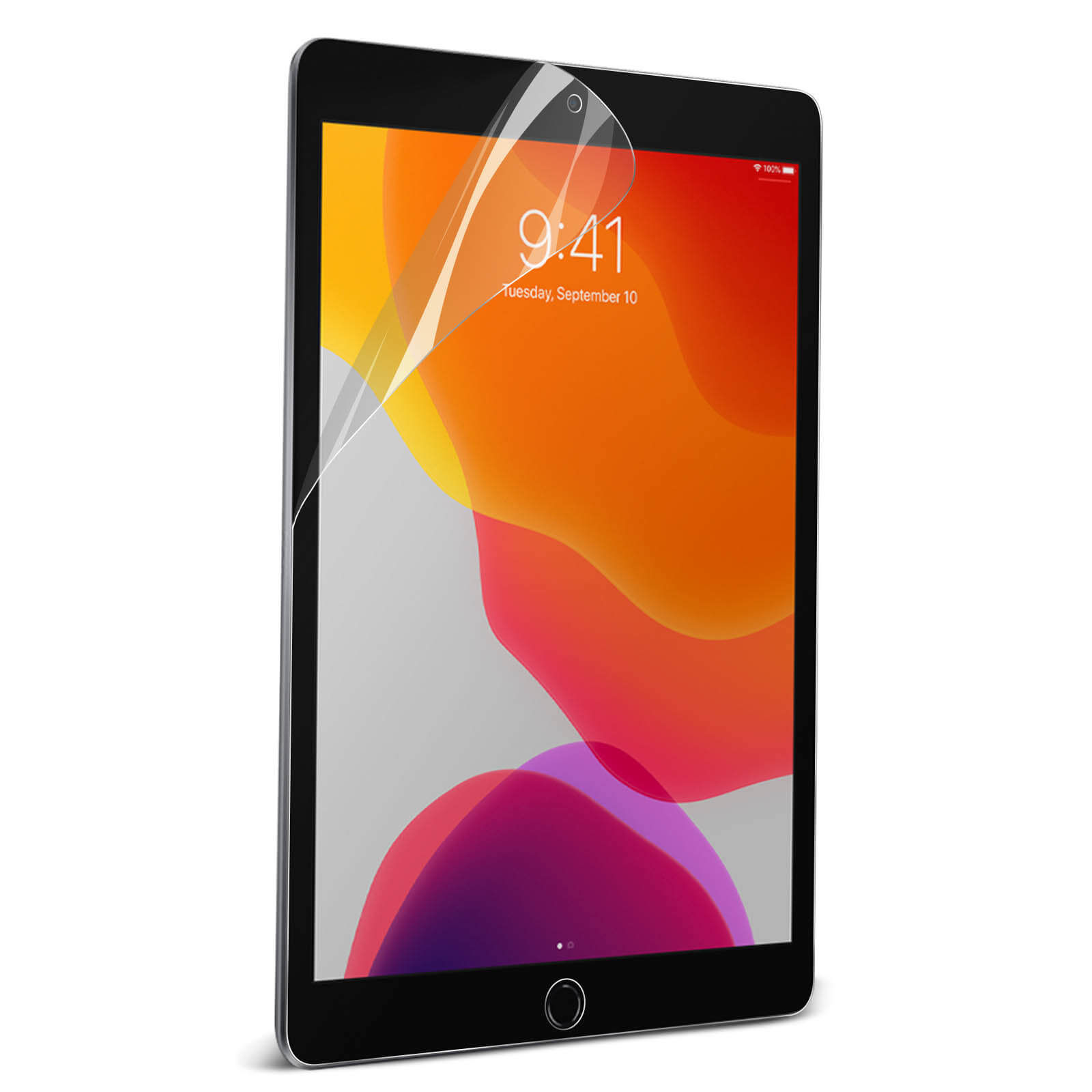 Un iPad con una protezione per lo schermo applicata, che mostra uno sfondo colorato e l'ora 9:41. Viene visualizzato il 10 settembre.
