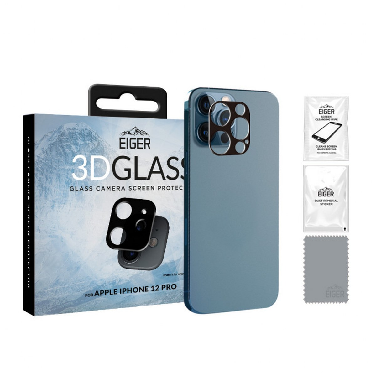 Un iPhone 12 Pro blu con protezione schermo per fotocamera, confezione protezione schermo in vetro Eiger 3D, salviette e adesivo per la polvere.