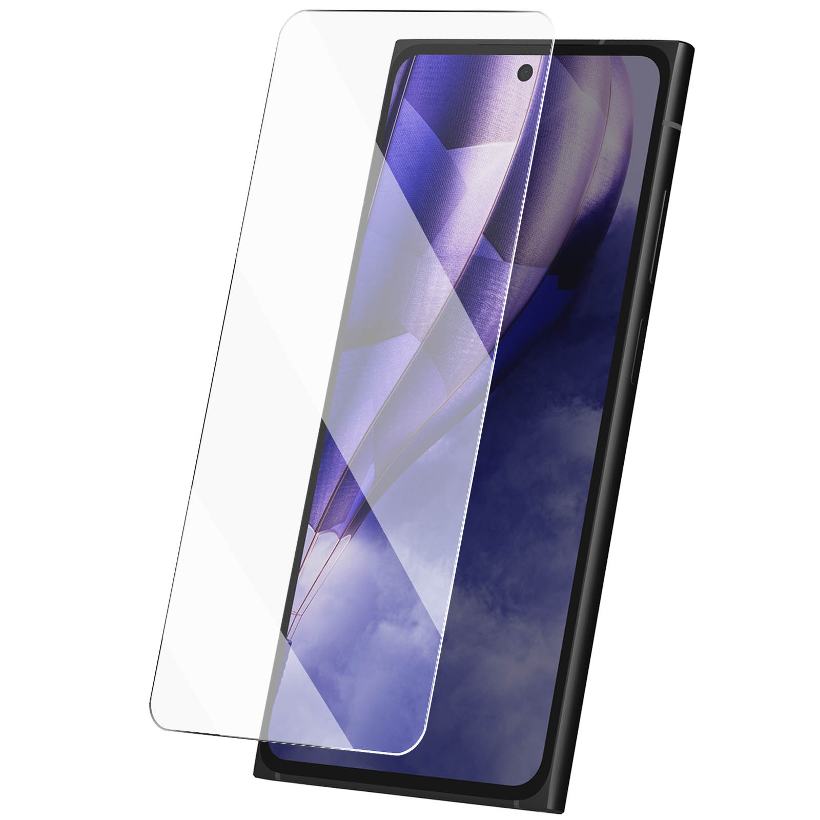 Uno smartphone nero con protezione schermo applicata. Lo schermo mostra un cielo nuvoloso. La protezione è trasparente.