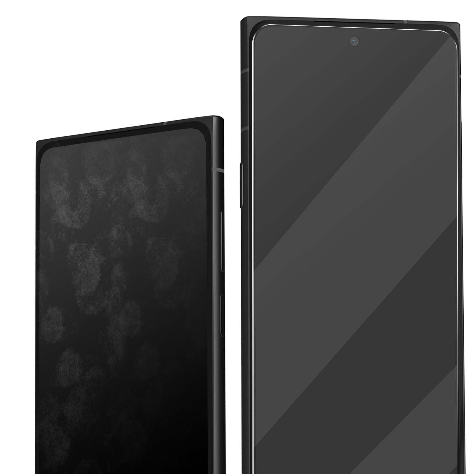 Due smartphone neri affiancati. Il telefono a sinistra ha impronte digitali, quello a destra è pulito. Entrambi hanno una cornice nera.