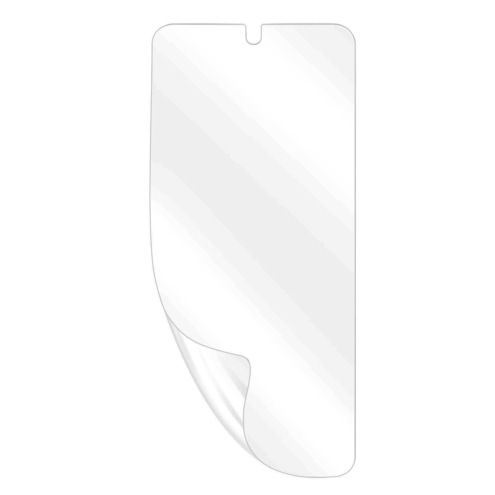 Un proteggi schermo per smartphone, con un angolo curvo sollevato. È trasparente su sfondo bianco.