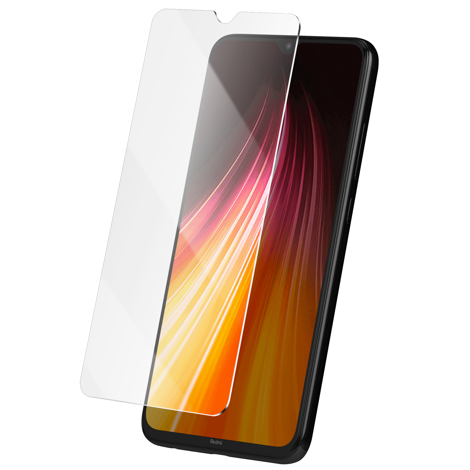 Uno smartphone con protezione schermo. Il telefono è nero, lo schermo mostra uno sfondo arancione e rosso.