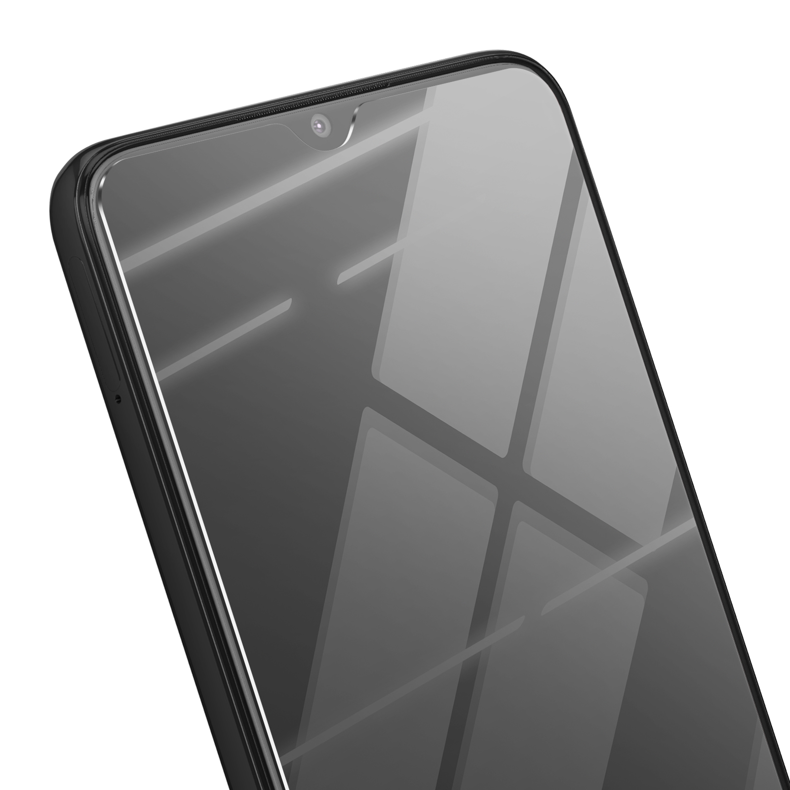 Primo piano di uno schermo di smartphone. Lo schermo è riflettente e ha una fotocamera. Il telefono è nero, lo sfondo è bianco.