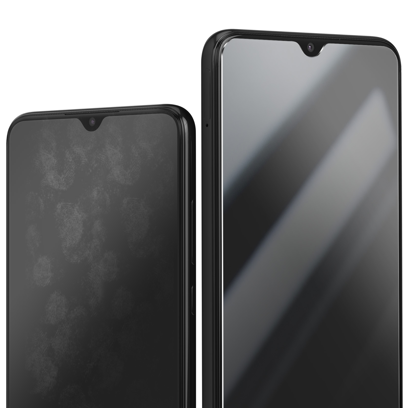 Due smartphone neri, uno con macchie di impronte digitali. Entrambi hanno fotocamere frontali. Gli sfondi sono bianchi.