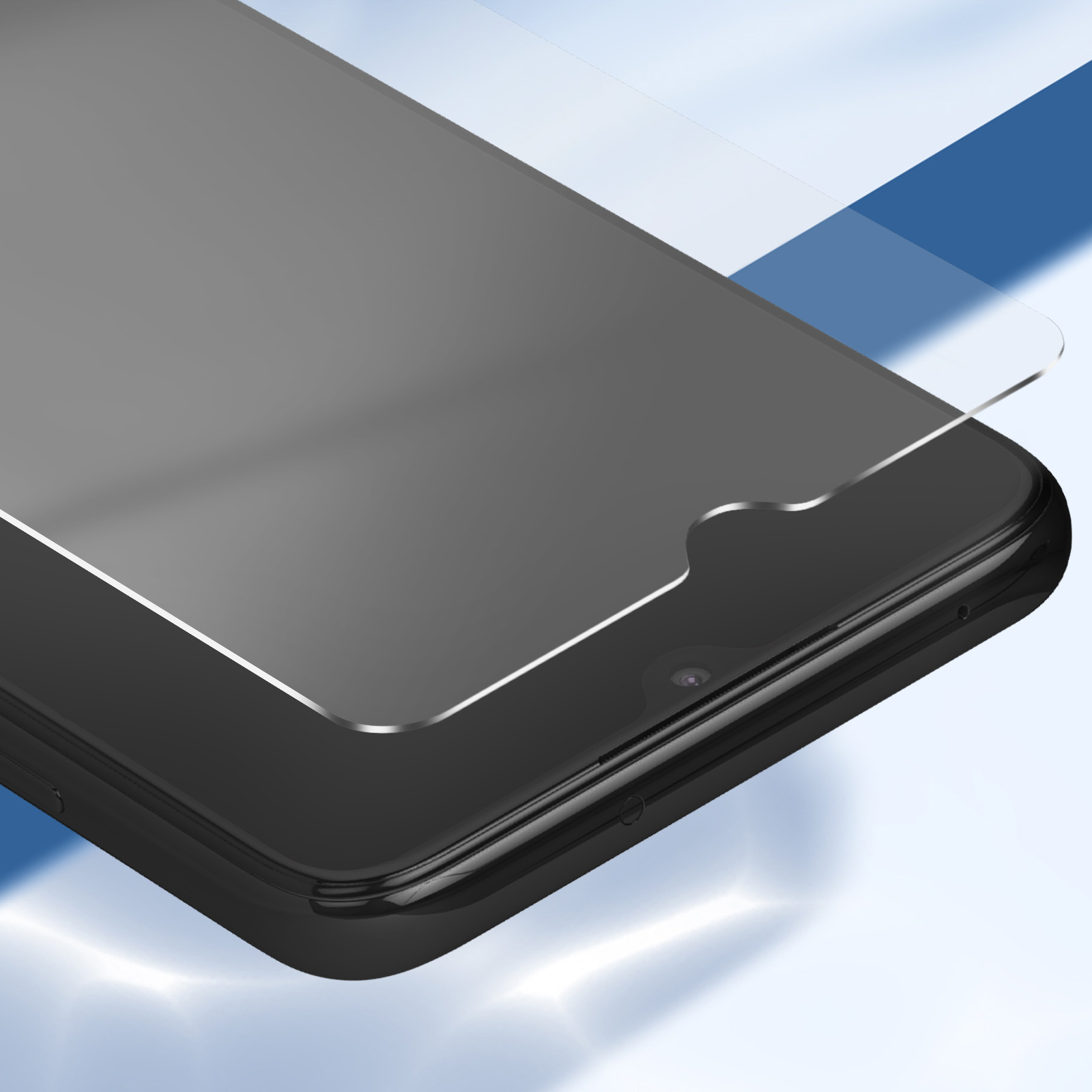 Uno smartphone con una protezione per lo schermo applicata. Lo schermo è scuro e riflette la luce. Lo sfondo è un gradiente blu e bianco.
