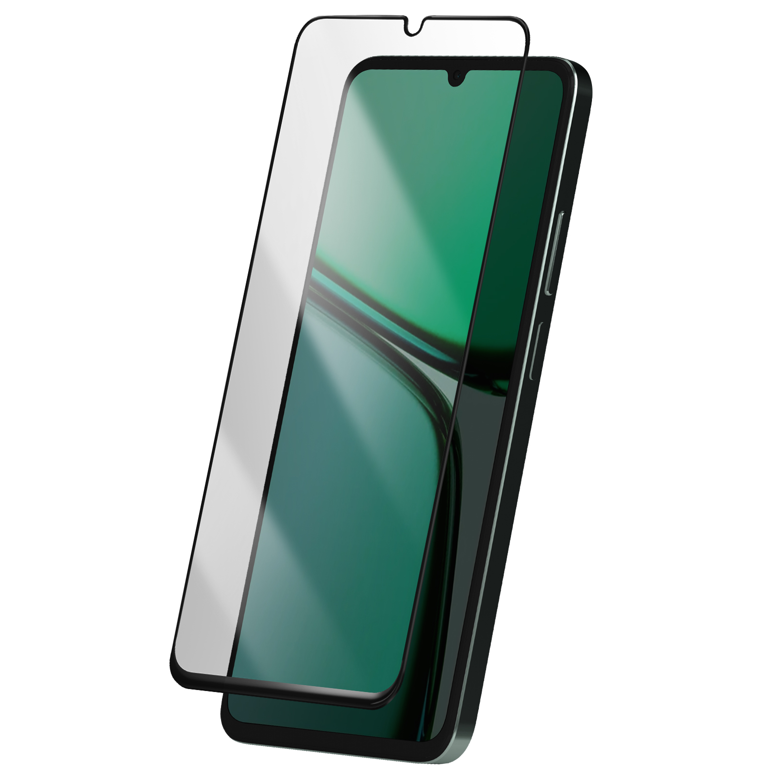 Uno smartphone nero con una protezione per lo schermo applicata. Il telefono ha un display verde e una protezione trasparente.