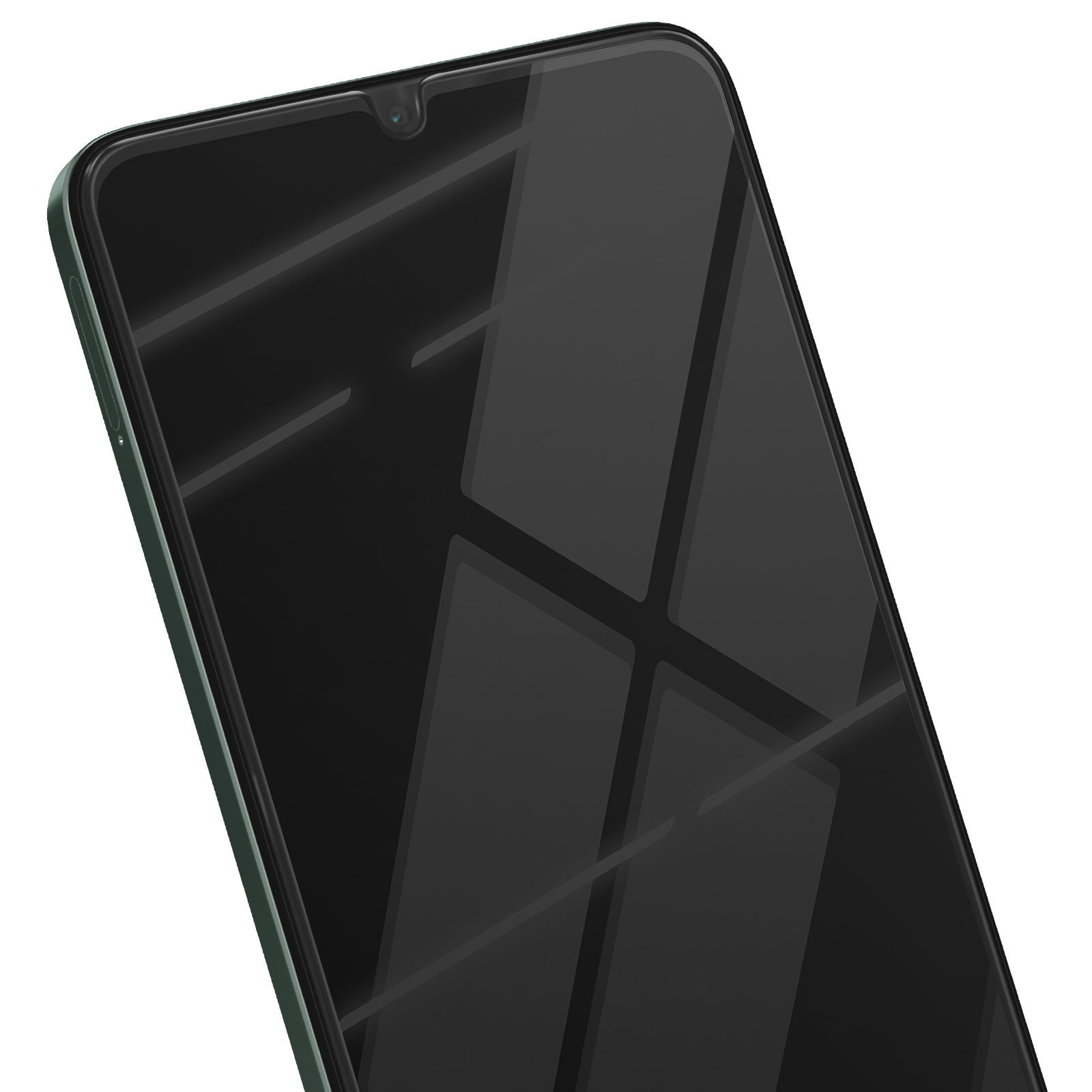 Primo piano di uno smartphone con schermo nero. Lo schermo riflette la luce. Il telefono ha una fotocamera in alto.