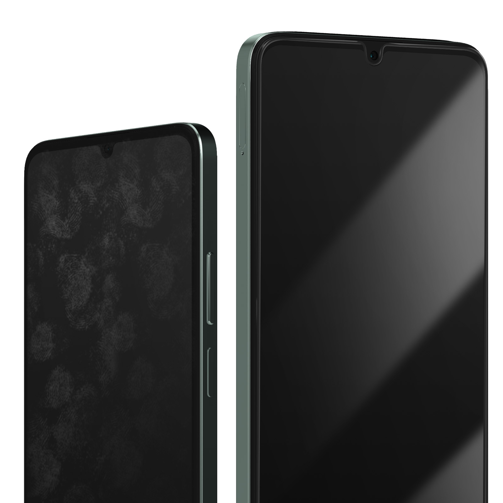 Due smartphone affiancati. Uno ha impronte digitali visibili, l'altro è pulito. Entrambi sono verdi e hanno schermi neri.