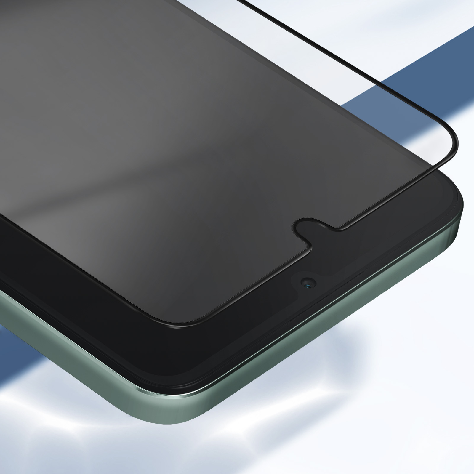 Uno smartphone con protezione schermo. Il telefono è nero, con cornice verde. Lo sfondo è bianco e blu.
