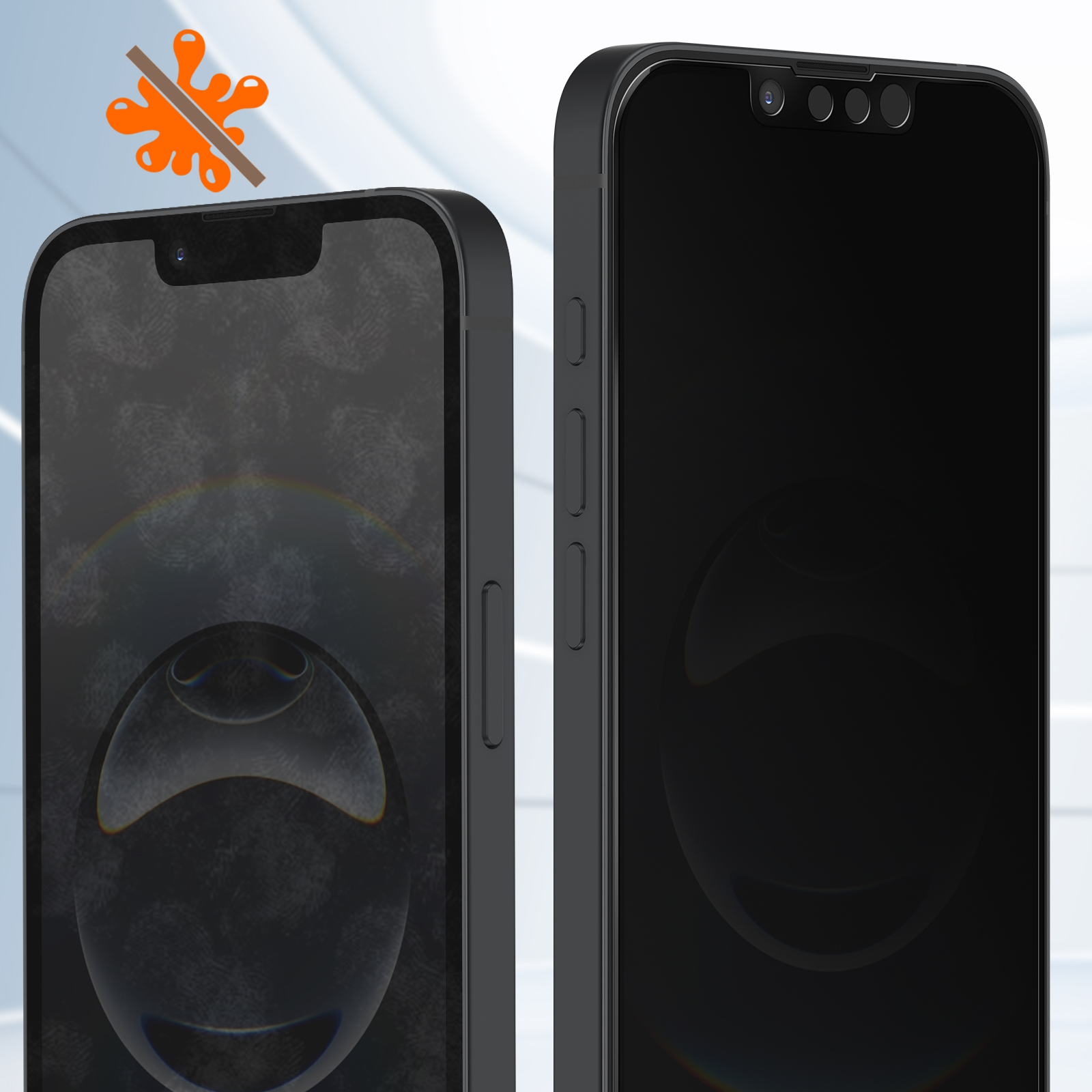 Due smartphone neri. Uno mostra un design sfocato. L'altro ha uno schermo nero. Uno schizzo arancione è sbarrato.
