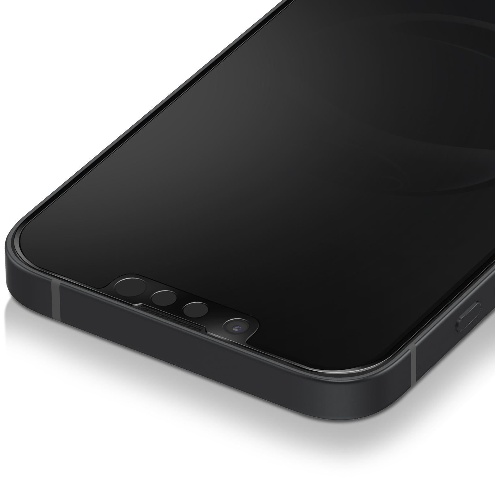 Primo piano di uno smartphone nero. Lo schermo è scuro, con fotocamera e sensori in alto. Il telefono è appoggiato su una superficie bianca.