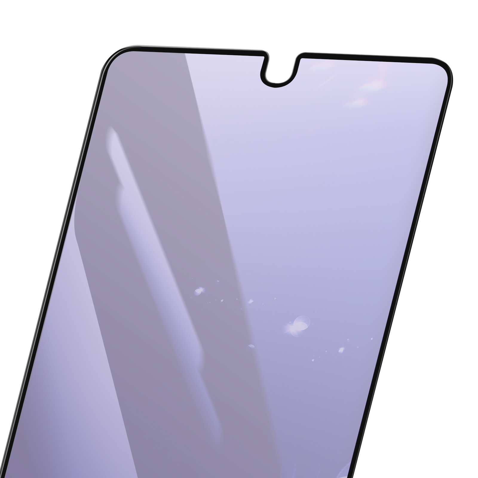Un proteggi schermo per un telefono, con una tacca nella parte superiore. Lo schermo ha una tinta viola chiaro e un bordo nero.
