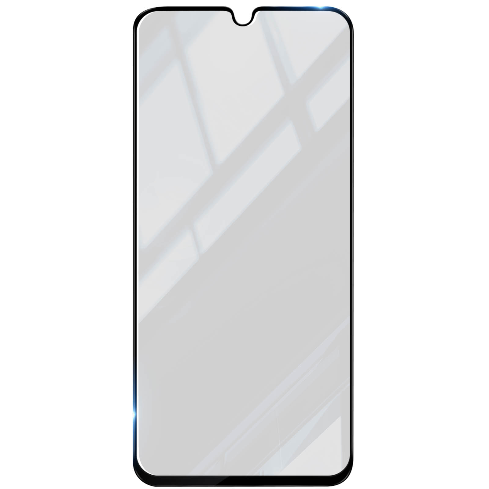 Un protecteur d'écran transparent pour smartphone. Il a des bordures noires et une encoche en haut.