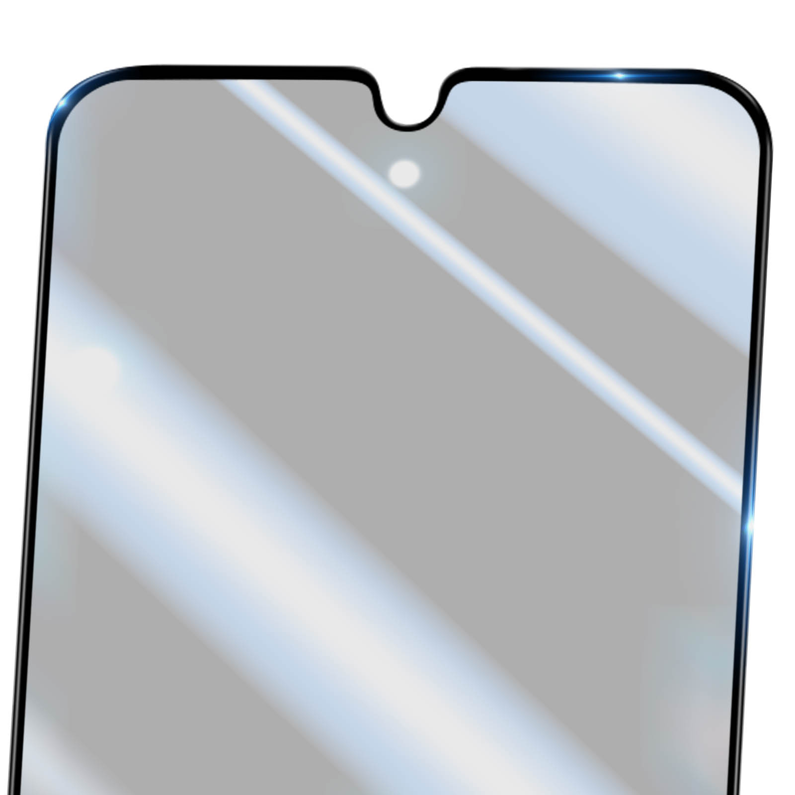 Un protecteur d'écran pour un téléphone. Il a un bord noir et une encoche en haut. L'écran est gris clair.