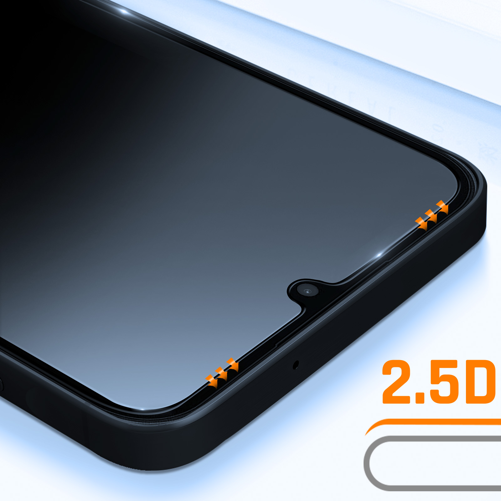 Gros plan d'un téléphone noir avec écran incurvé, flèches oranges et le texte 2.5D. Le fond est bleu clair.