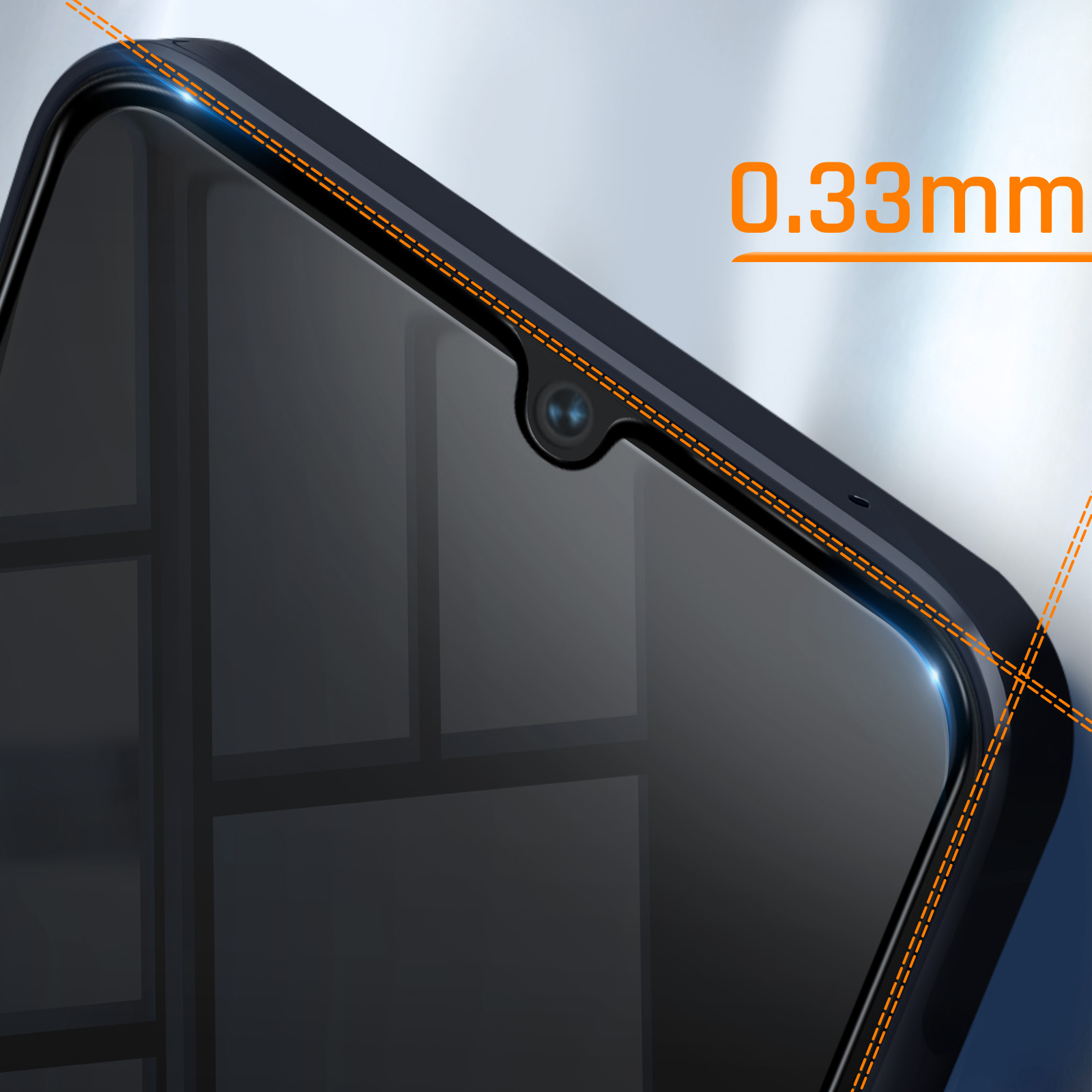 Gros plan sur un écran de téléphone. L'écran est noir, avec une caméra frontale. Le cadre est bleu foncé avec des lignes en pointillé orange.