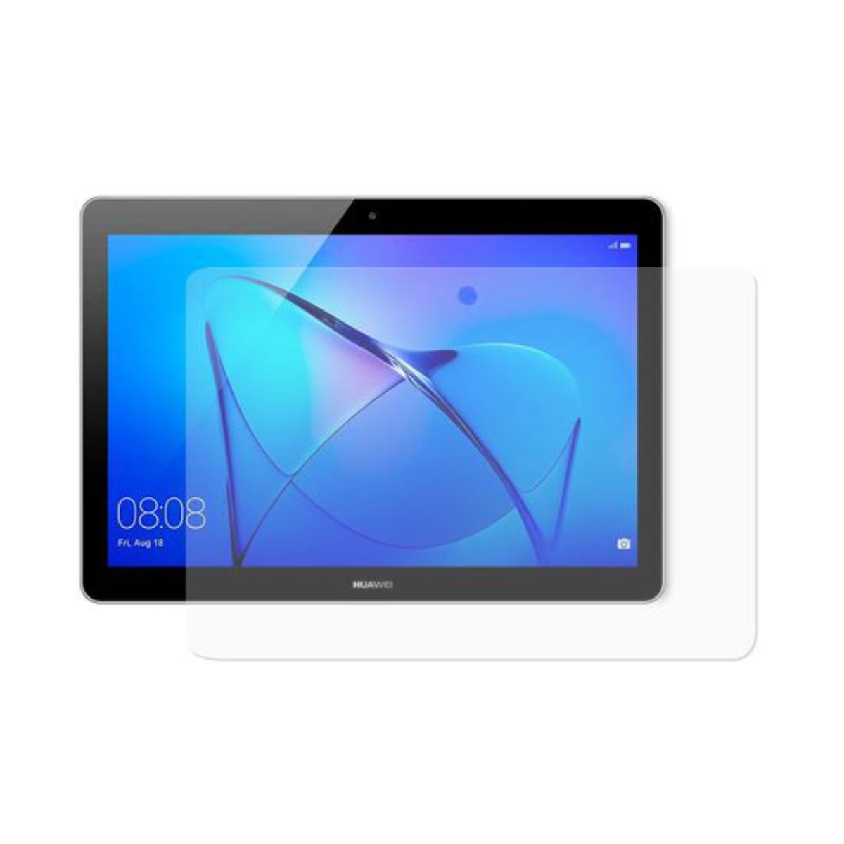 Un tablet Huawei con protezione schermo, che mostra sfondo blu e ora. La protezione schermo è a destra.