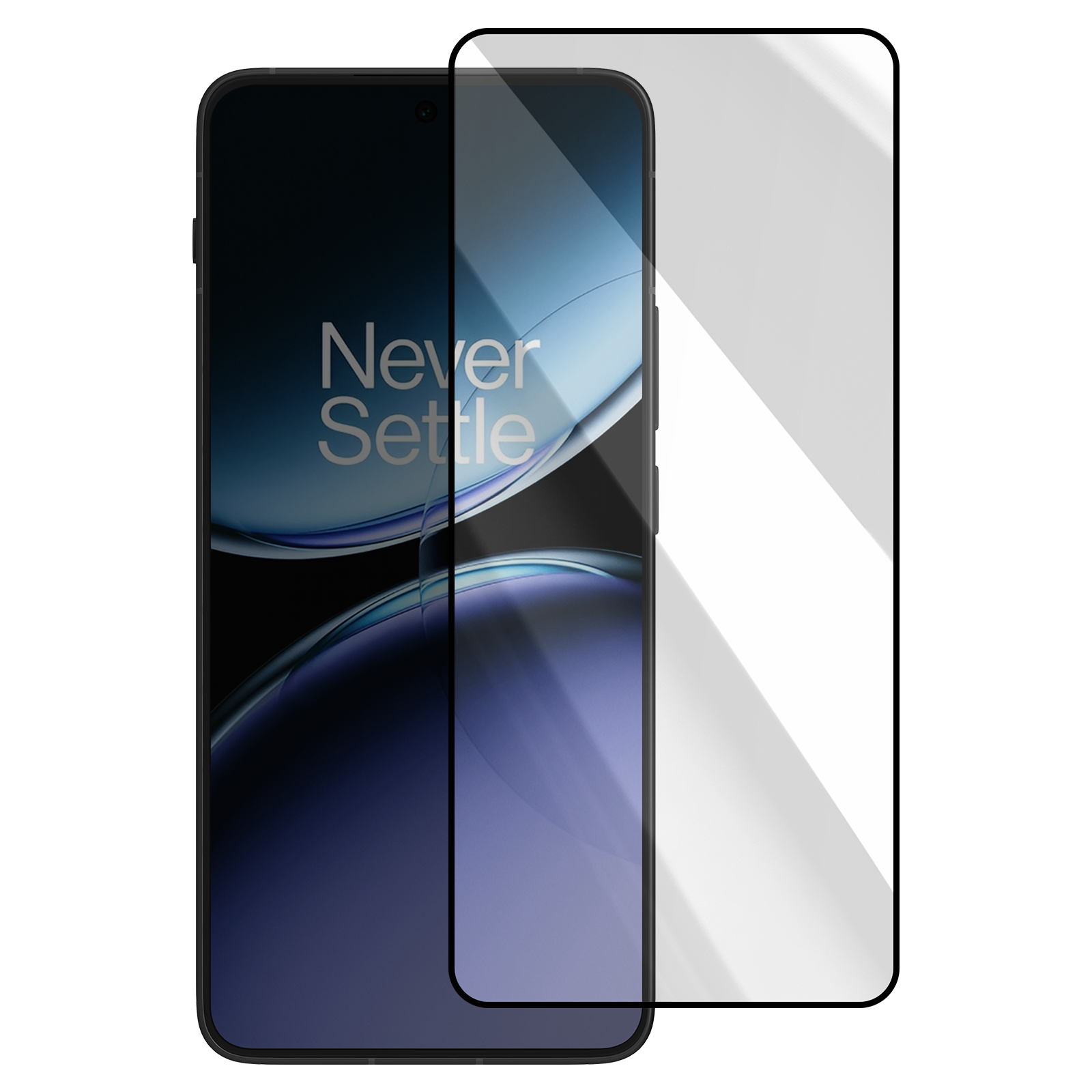 Uno smartphone con protezione schermo. Il telefono mostra 'Never Settle'. La protezione è trasparente, con bordo nero.