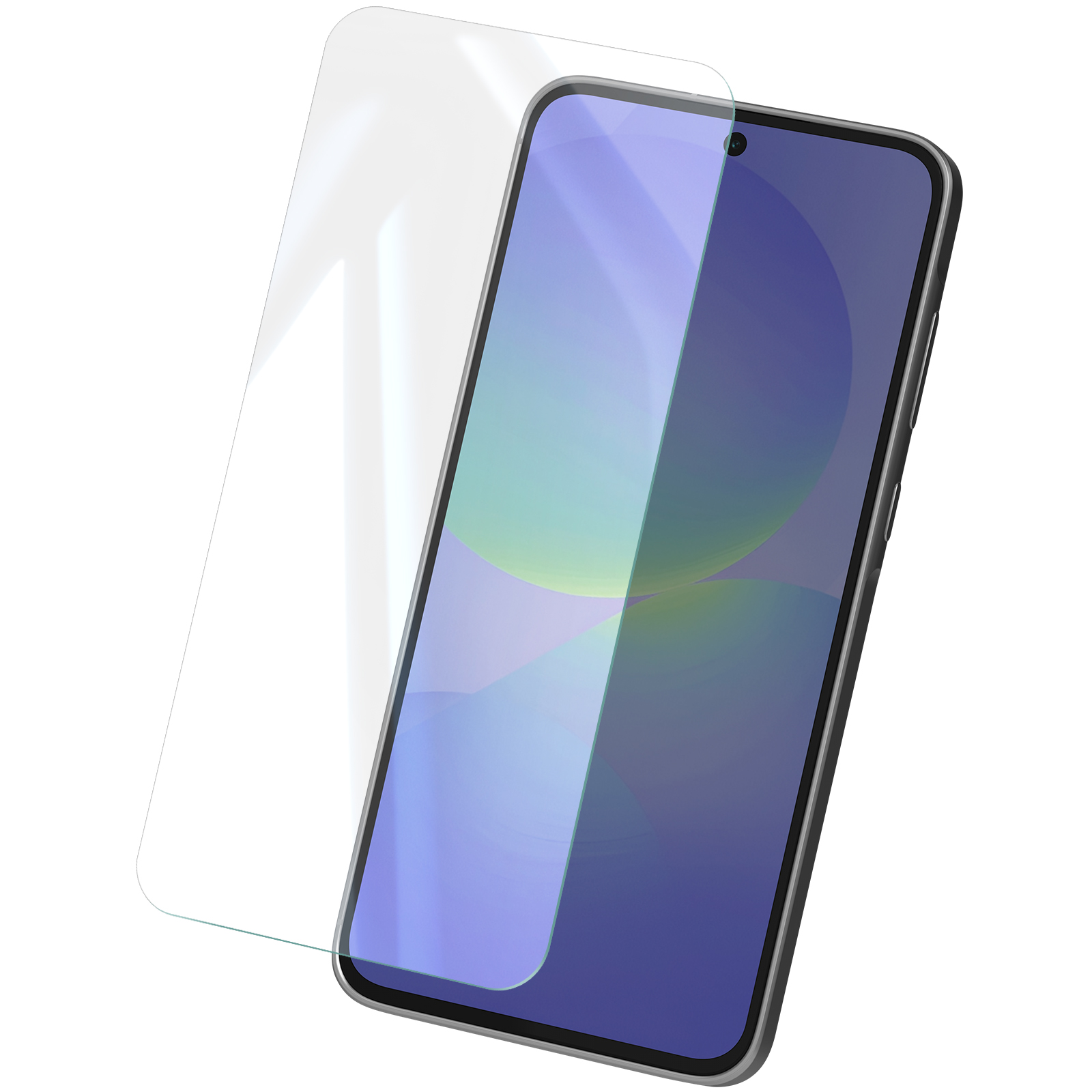 Un smartphone avec un protecteur d'écran, avec un protecteur transparent sur l'écran, fond blanc.