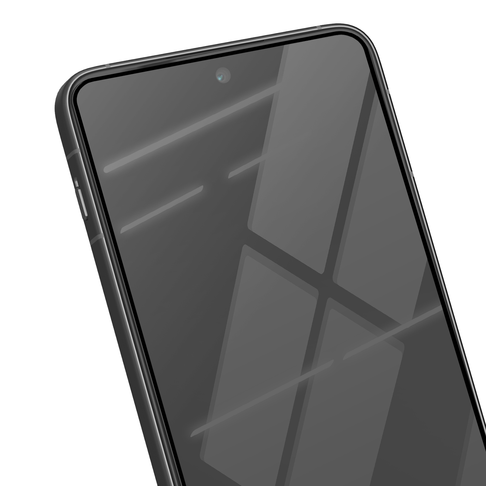 Primo piano dello schermo di uno smartphone nero con riflessi. Una fotocamera è visibile in alto. Il telefono è su sfondo bianco.