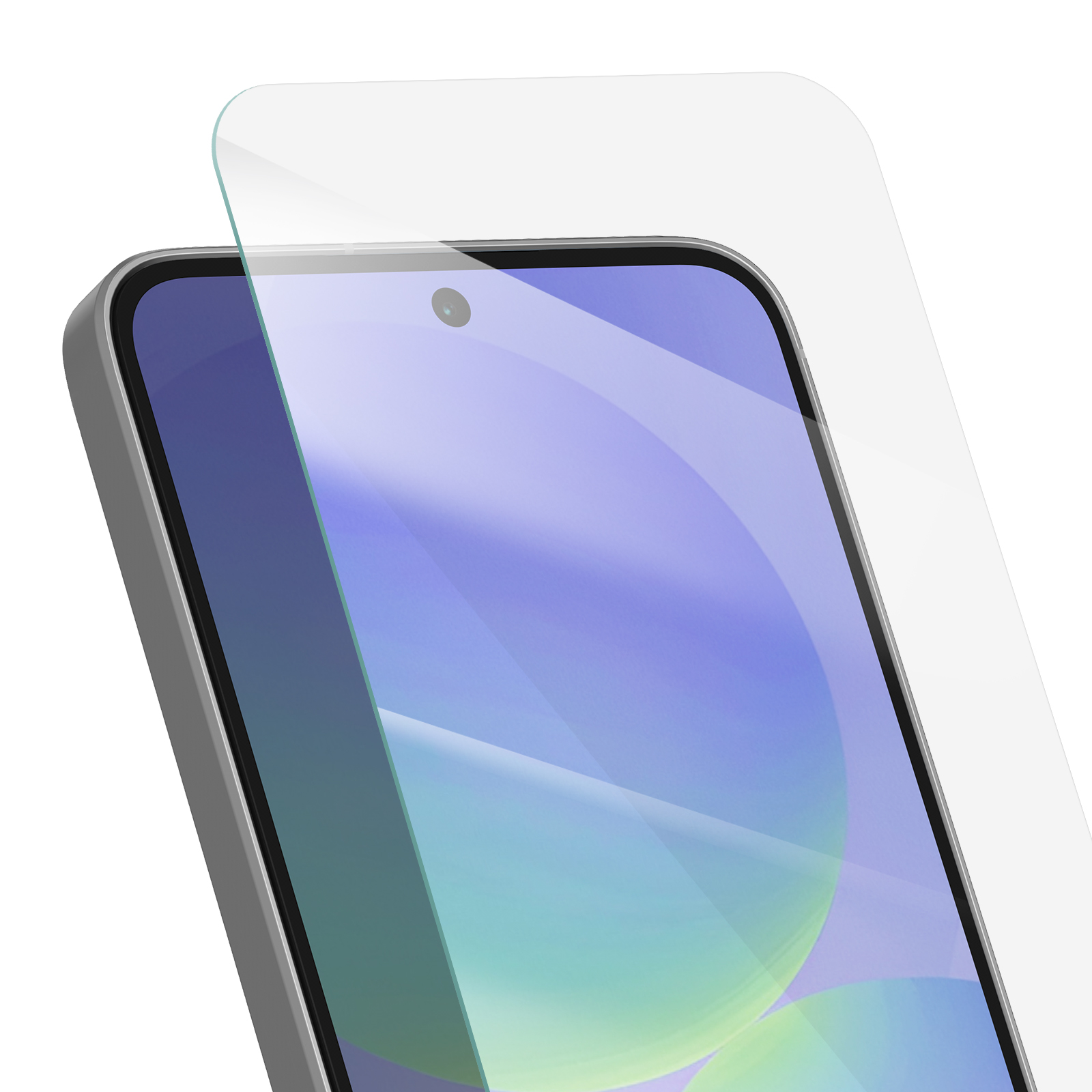 Un smartphone avec un protecteur d'écran appliqué. Le téléphone est gris, avec un écran affichant des teintes bleues et vertes. Le protecteur est transparent.