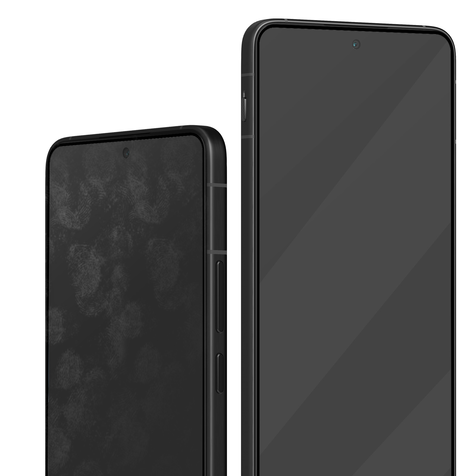 Sono visualizzati due smartphone neri. Uno ha impronte digitali visibili sullo schermo. Entrambi i telefoni hanno una fotocamera nella parte superiore.