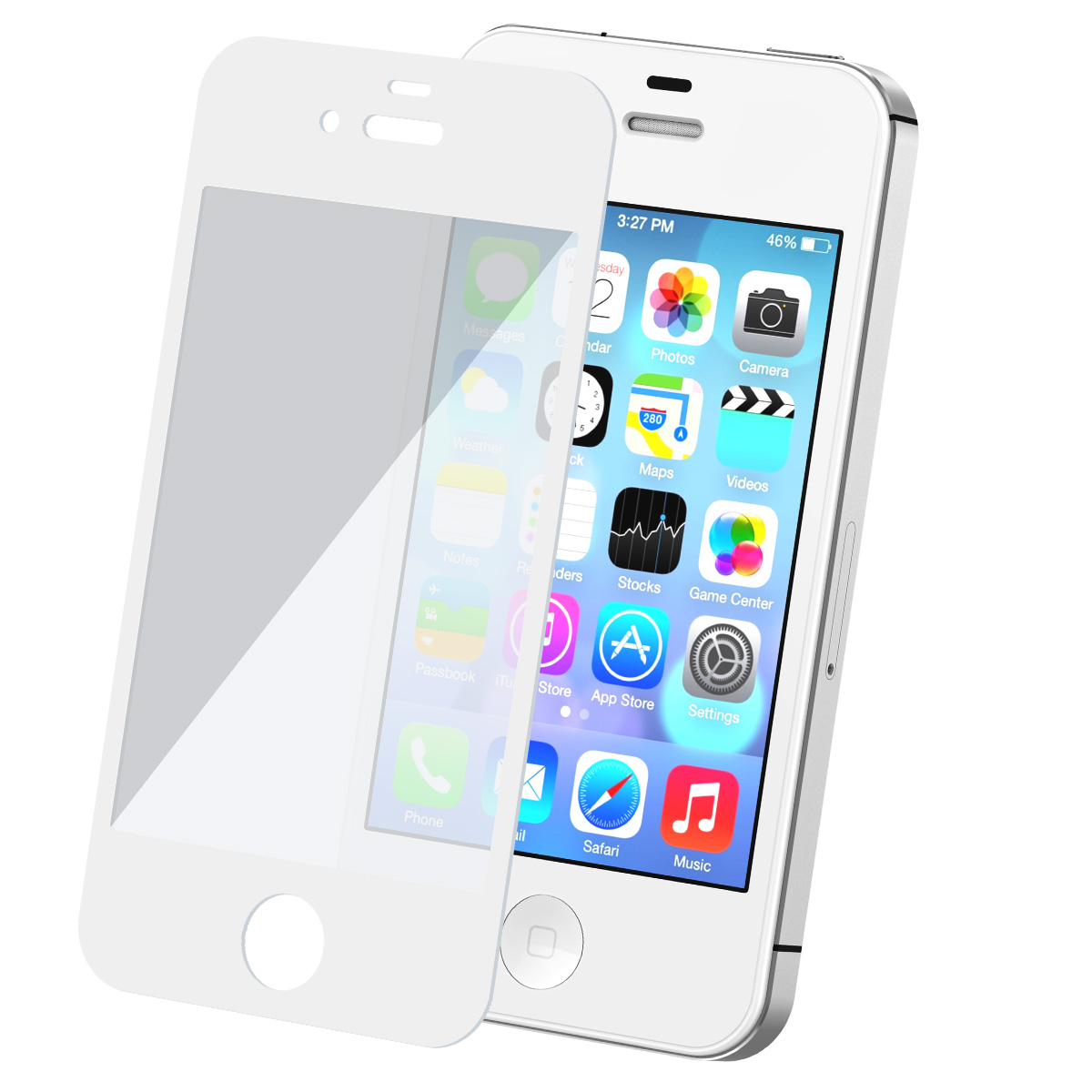 Een witte iPhone met een schermbeschermer. De telefoon toont app-iconen. De beschermer bedekt het scherm gedeeltelijk.