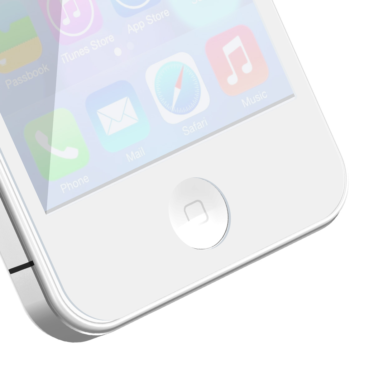 Close-up van een witte iPhone. Zichtbare pictogrammen zijn Telefoon, Mail, Safari, Muziek en App Store. De homeknop staat centraal.