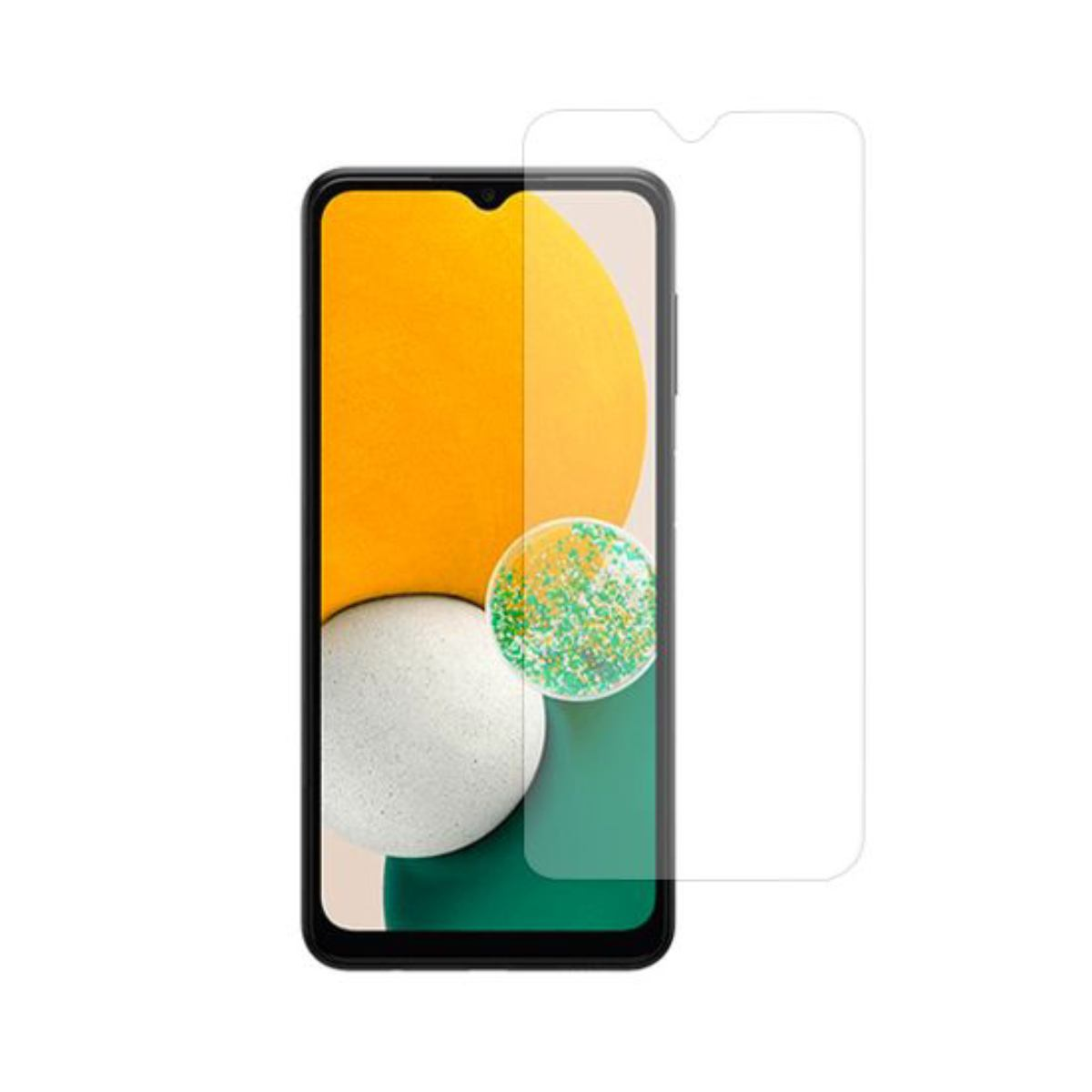 Uno smartphone con protezione schermo. Il telefono mostra cerchi arancioni, bianchi e verdi su una cornice nera.