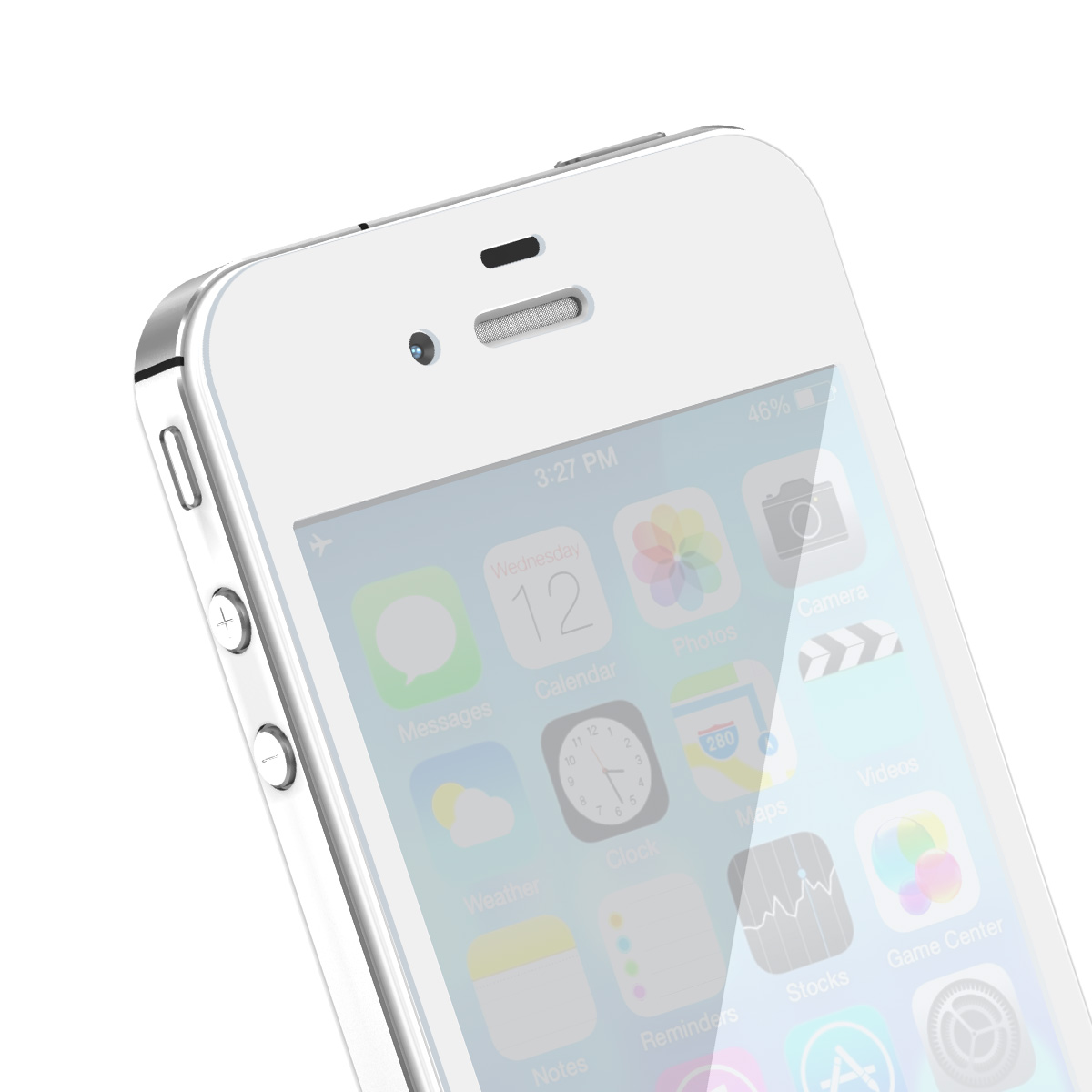 Een witte iPhone met app-pictogrammen. Het scherm toont de tijd, de batterijduur en app-symbolen zoals Agenda, Camera en Berichten.