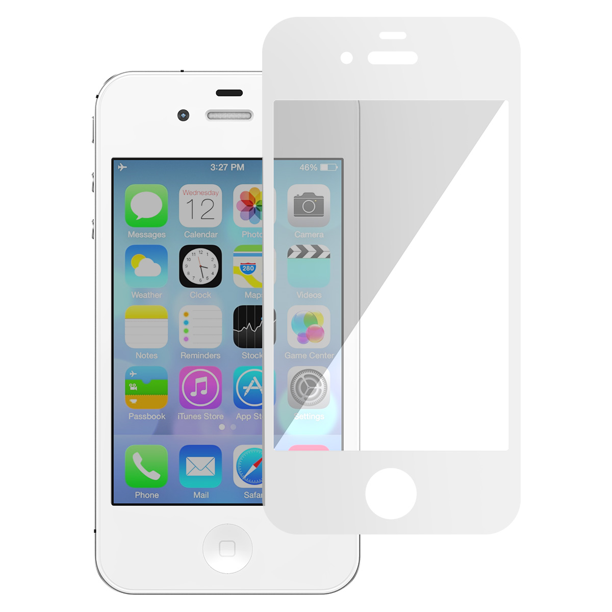 Witte iPhone met een schermbeschermer. Het scherm toont app-iconen en de tijd. De achtergrond is wit.