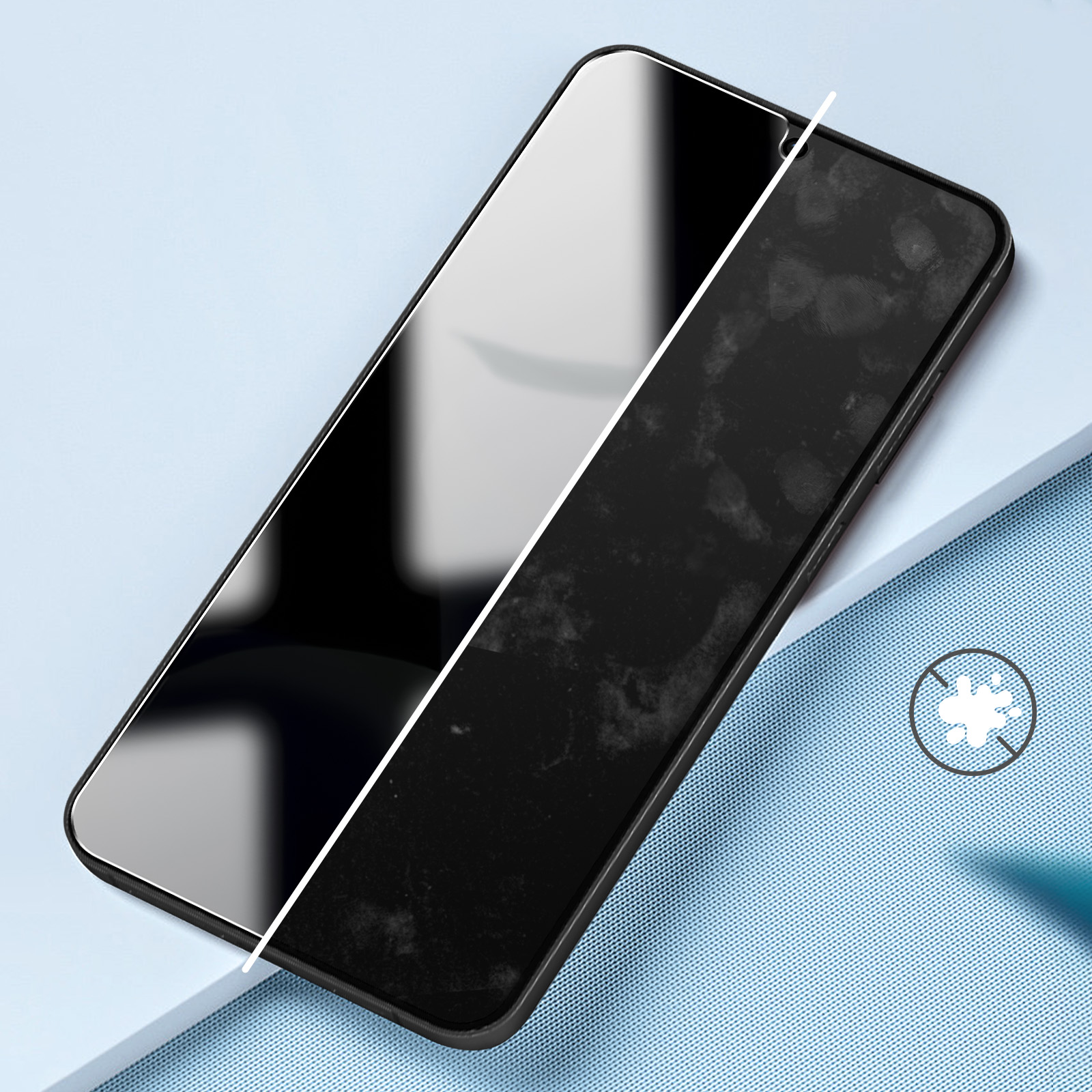 Uno schermo del telefono, metà pulito, metà sporco, con una linea bianca che divide i due. Lo sfondo è azzurro.