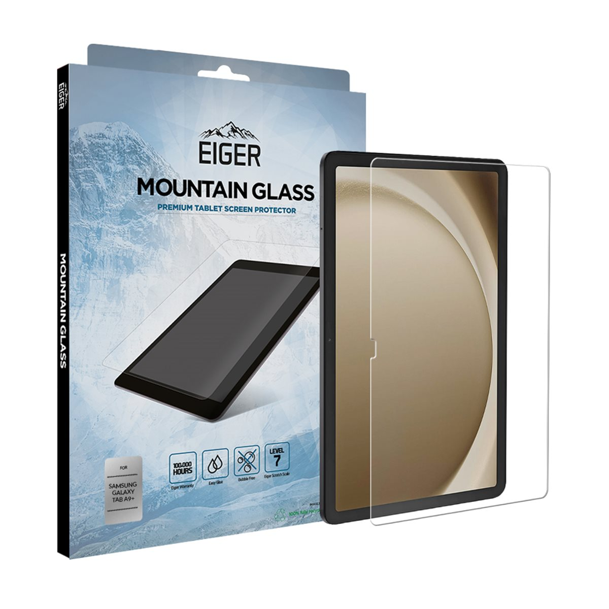Se muestra un protector de pantalla para tableta y su embalaje. El embalaje tiene el texto 'MOUNTAIN GLASS' y 'EIGER'. La tableta se muestra con y sin el protector.