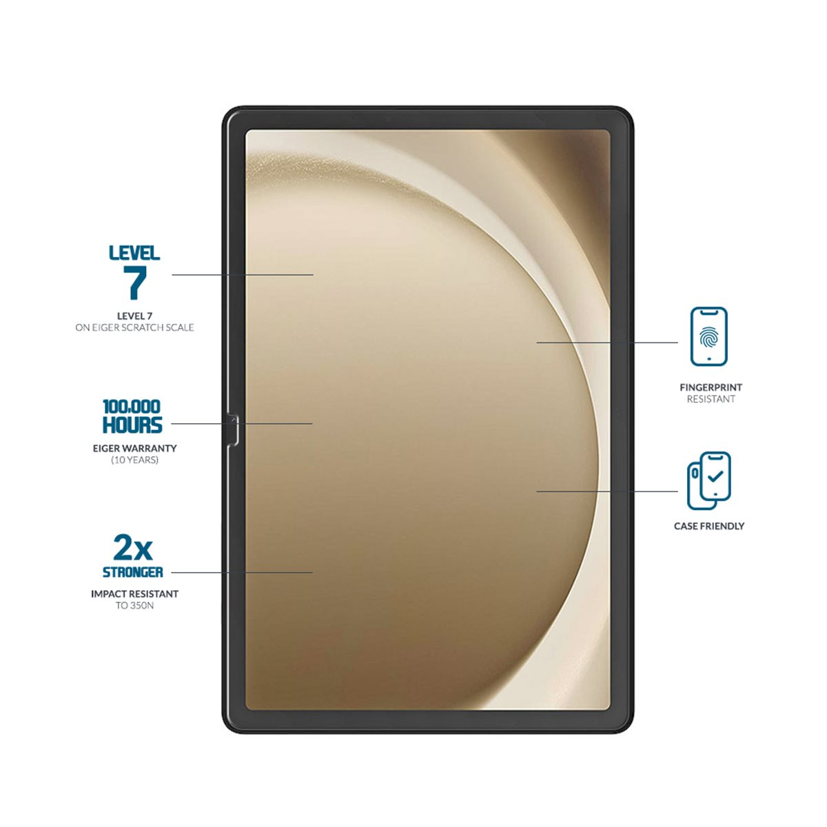 Pantalla de tableta con características: resistencia a rayones nivel 7, garantía de 100.000 horas, 2 veces más fuerte, resistente a huellas dactilares y compatible con funda.
