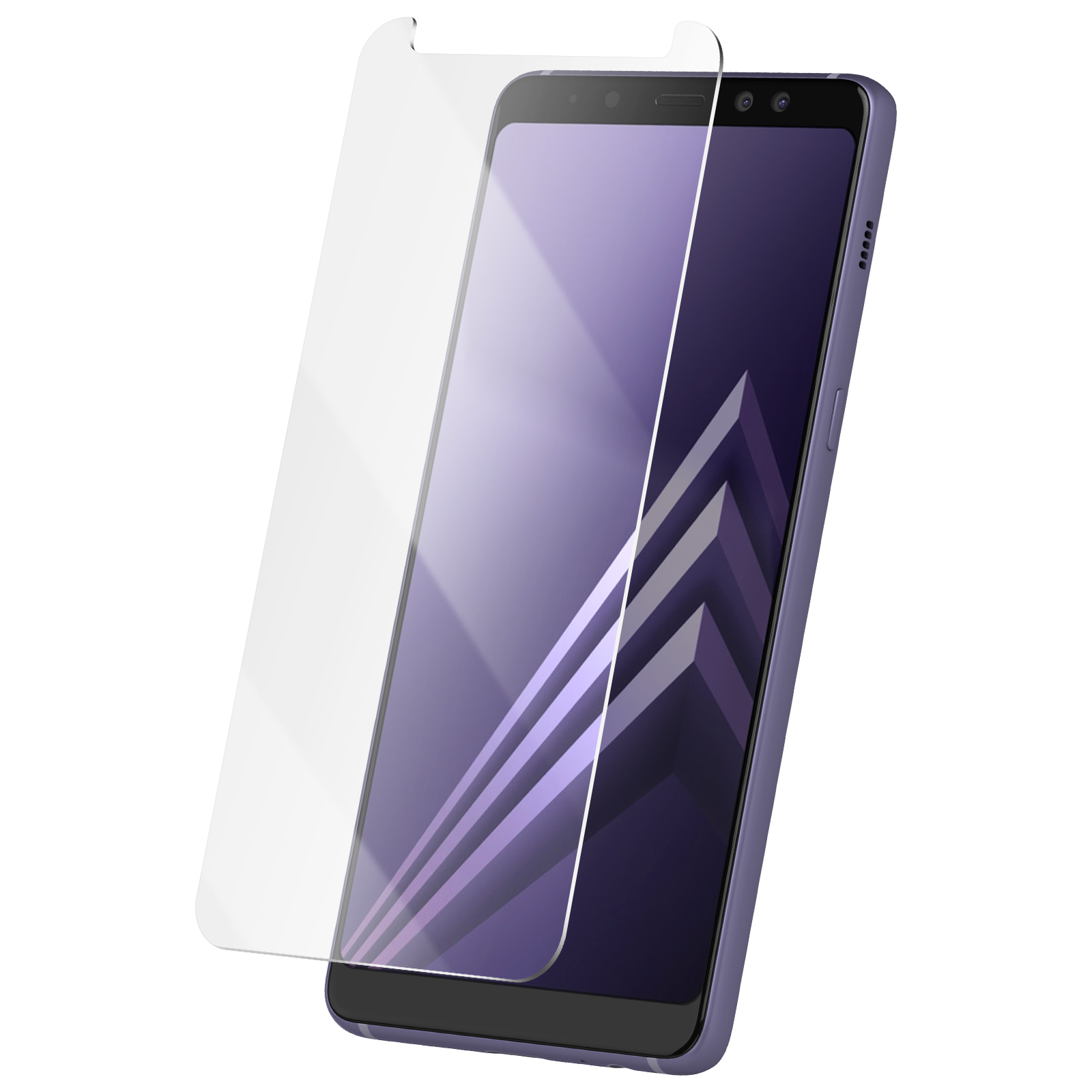 Uno smartphone viola con una protezione per lo schermo. Il telefono ha uno schermo con un motivo geometrico. Sfondo bianco.