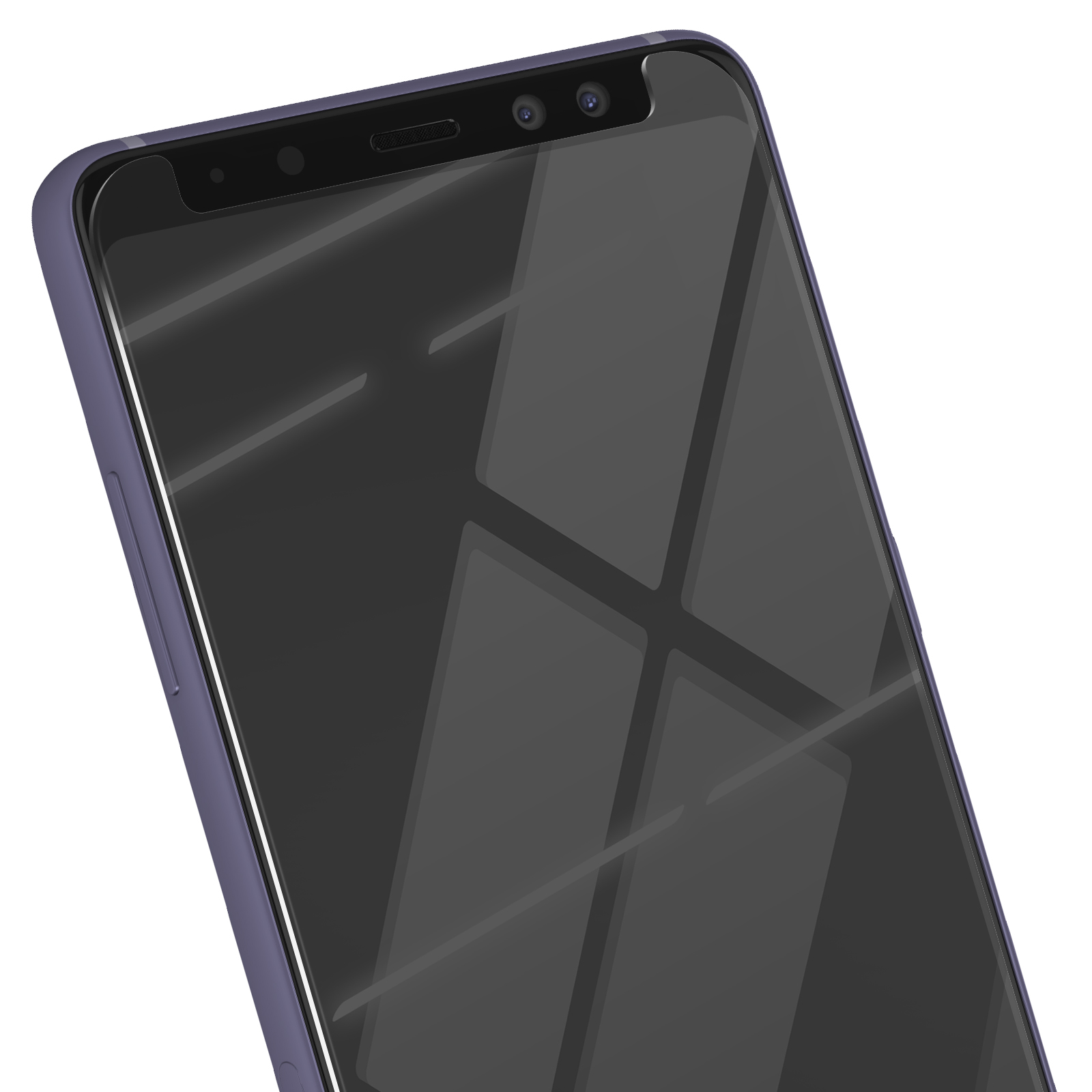 Primo piano di uno smartphone. Il telefono ha una cornice viola e uno schermo nero. Lo sfondo è bianco.