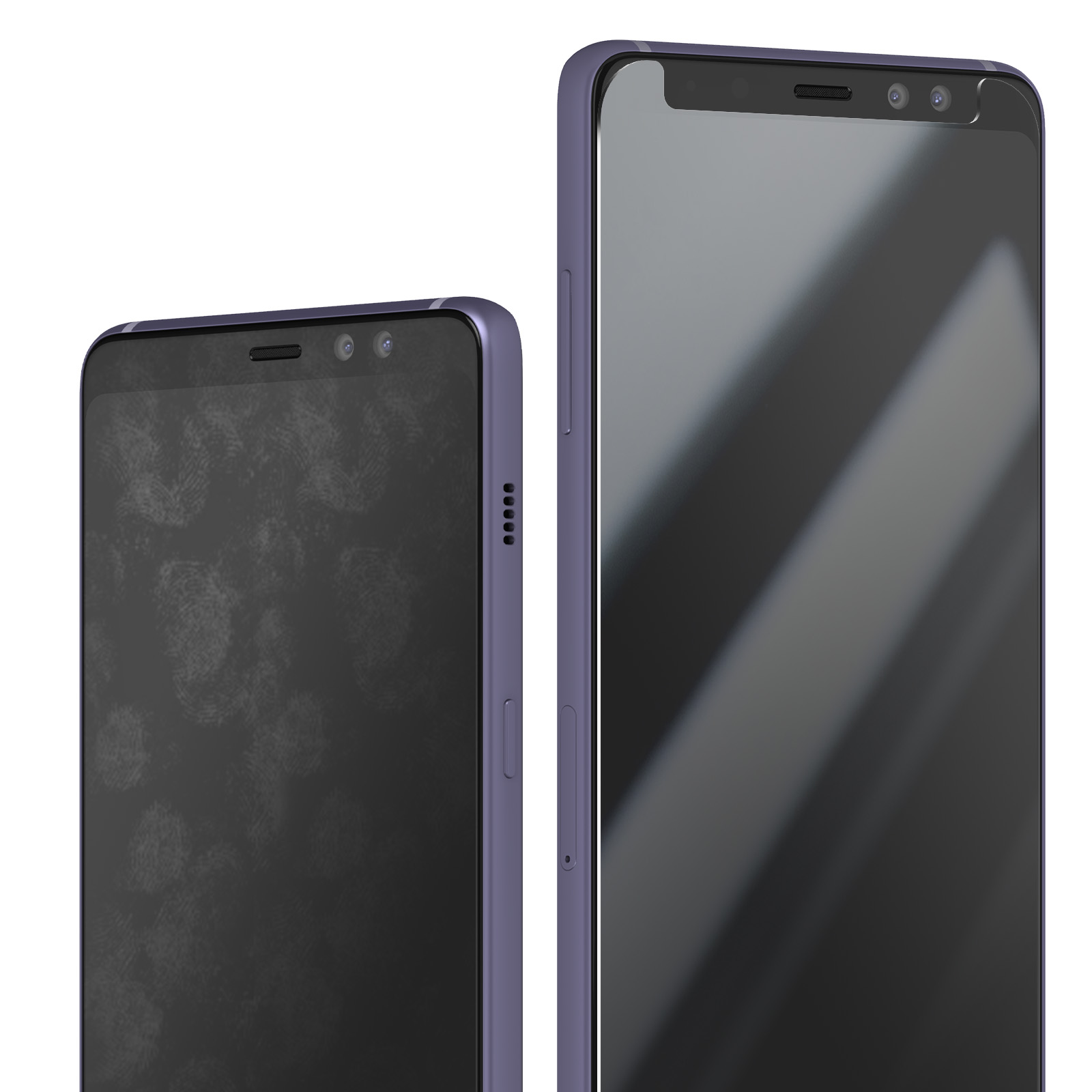 Due smartphone viola su sfondo bianco. Uno schermo coperto di impronte digitali, l'altro pulito.