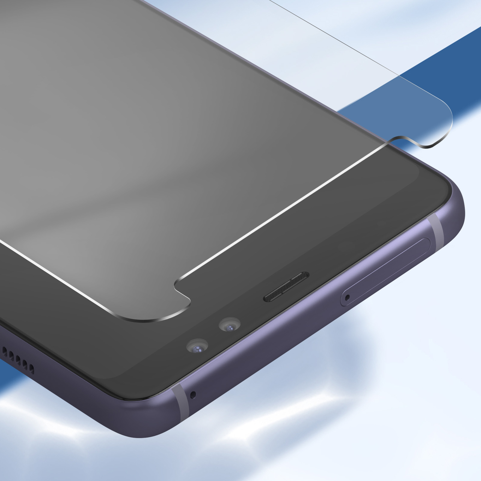 Uno smartphone con una protezione per lo schermo applicata. Il telefono è viola, lo sfondo è blu e bianco.