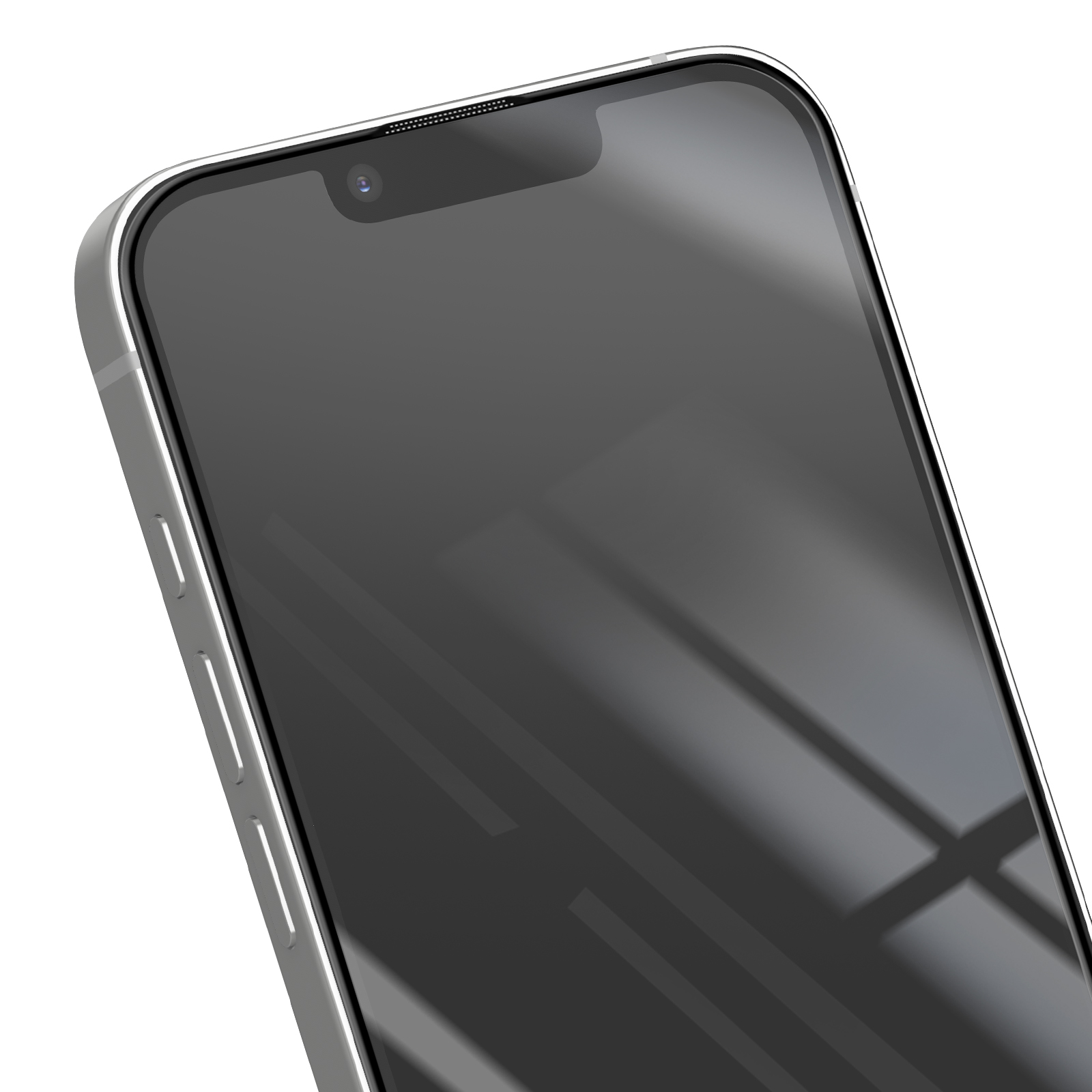 A close-up shot of a smartphone. The screen is black with reflections. The phone is silver. The background is white.