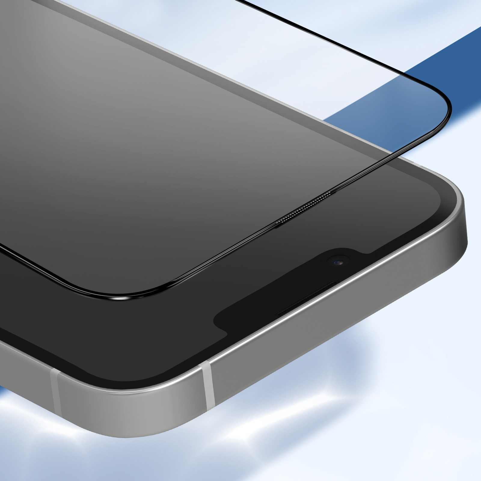 A phone with a screen protector, silver frame, black screen and camera, against a blue and white background.