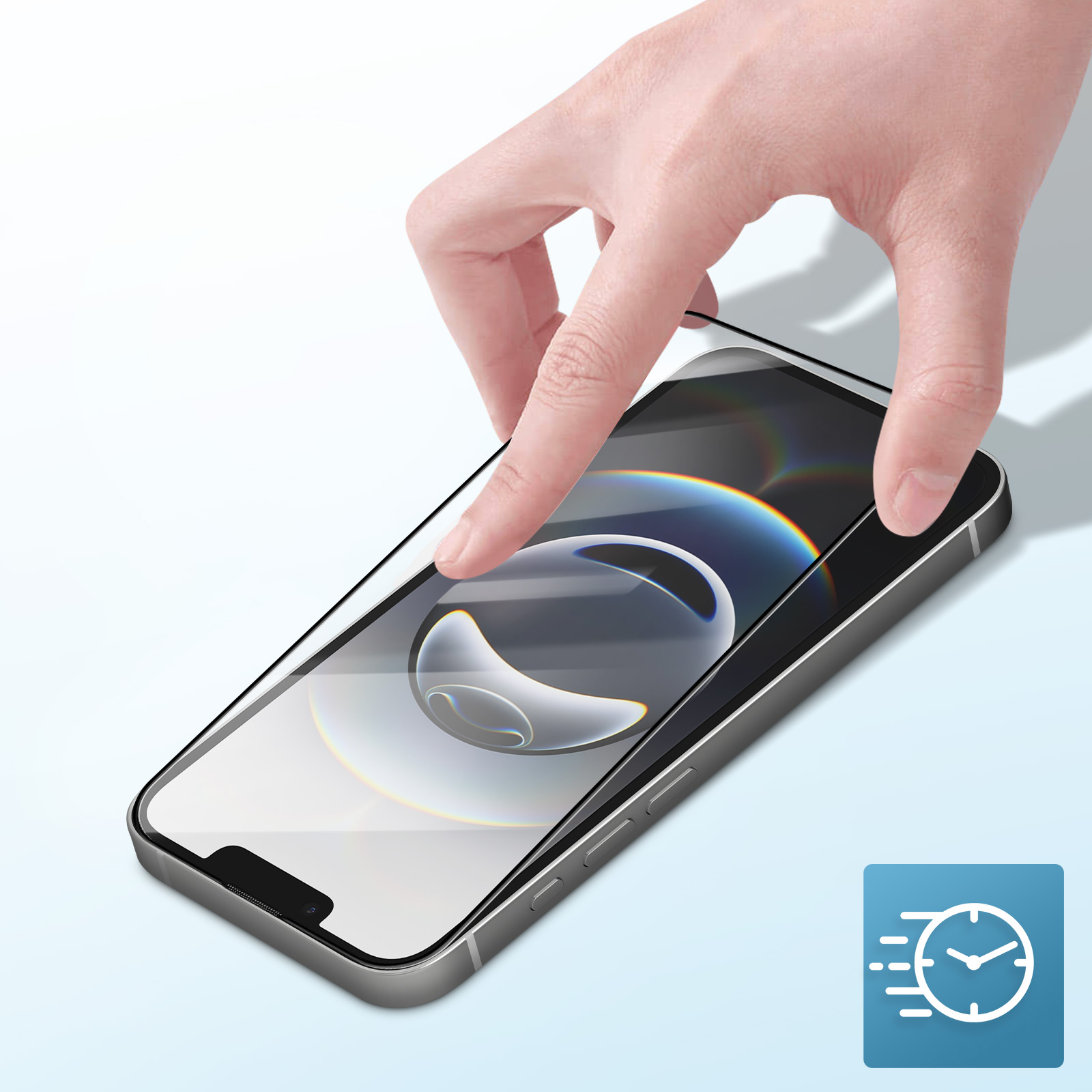 A hand applies a screen protector to a phone. The phone is on a light blue surface. A clock icon is on the bottom right.