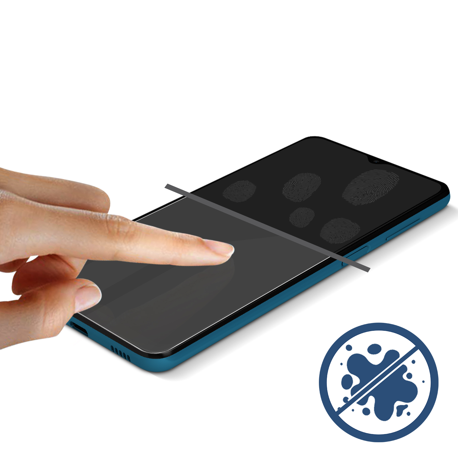Una mano tocca lo schermo di un telefono, mostrando impronte digitali. Telefono blu con protezione schermo. Icona antimacchia nell'angolo.