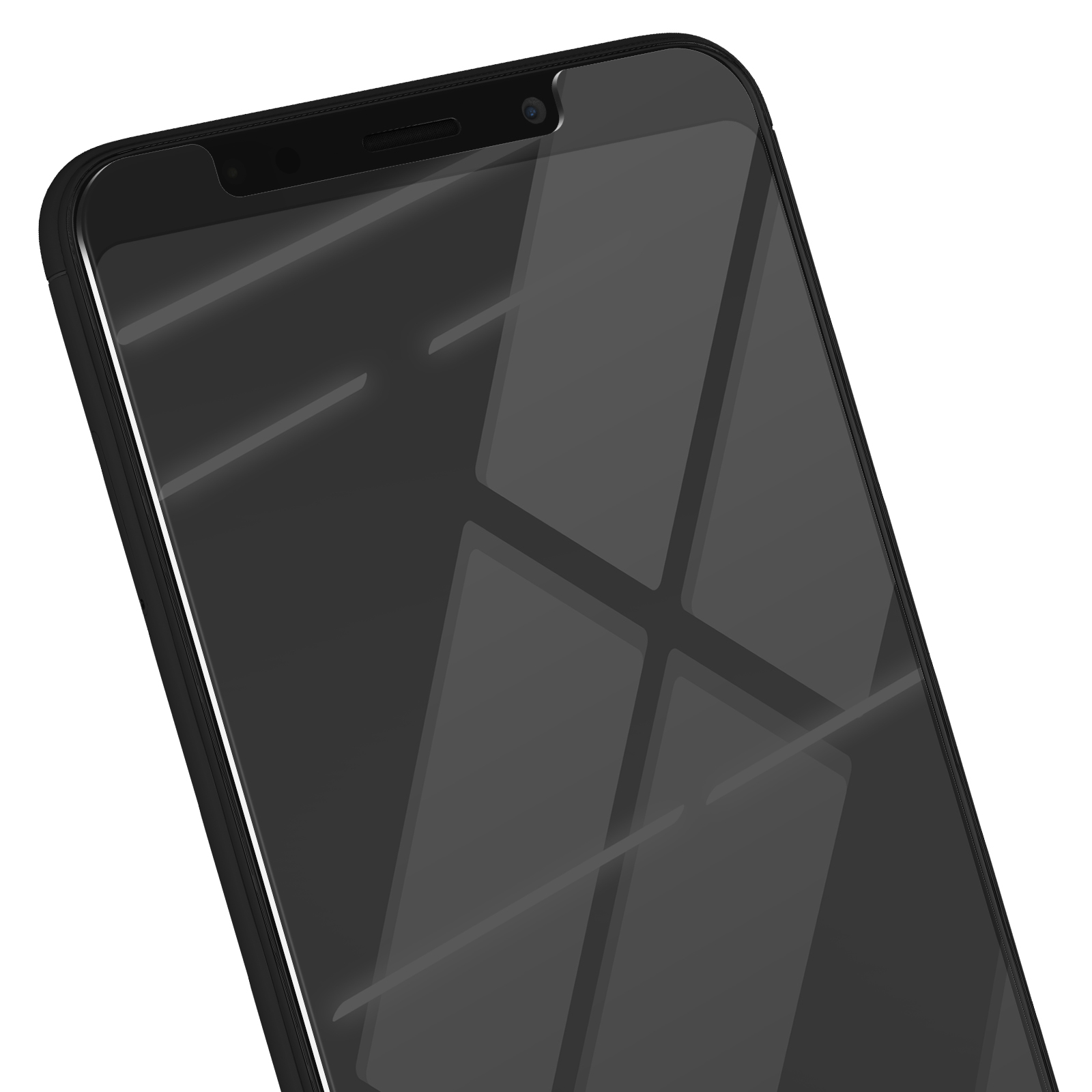 Primo piano di uno smartphone nero. Lo schermo riflette la luce, mostrando una superficie scura. Anche la cornice del telefono è nera.