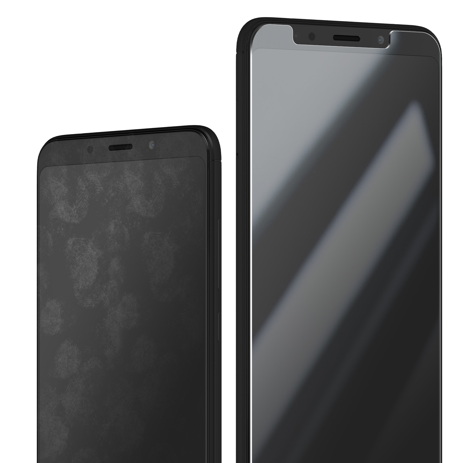 Vengono visualizzati due smartphone neri. Uno ha impronte digitali visibili sullo schermo, l'altro è pulito. Entrambi i telefoni sono su sfondo bianco.